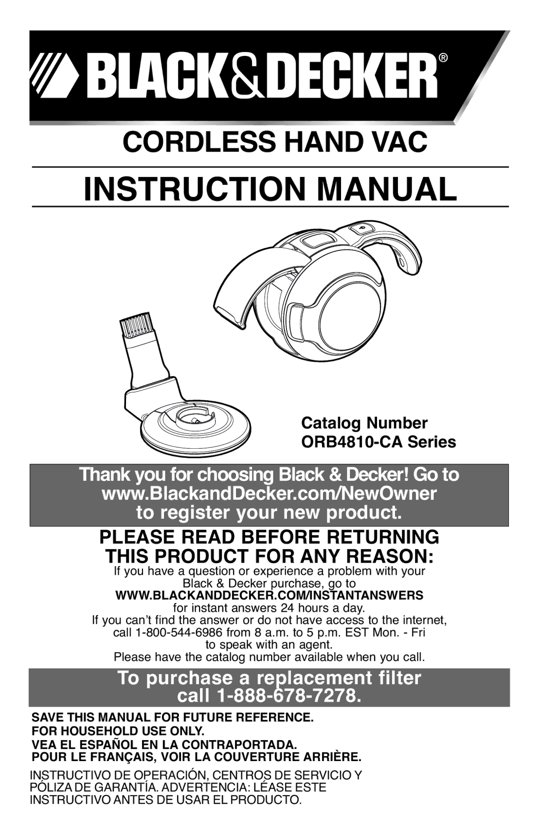 Black & Decker ORB4810-CA instruction manual Cordless Hand VAC 