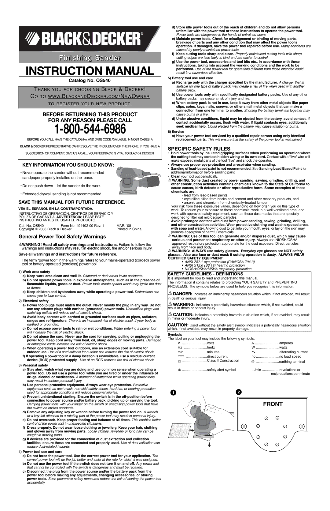 Black & Decker os540 instruction manual General Power Tool Safety Warnings, Safety Guidelines Definitions 