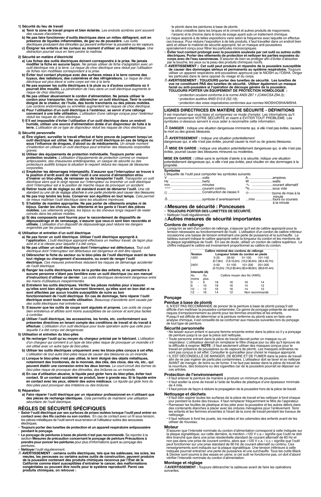 Black & Decker os540 Règles DE Sécurité Spécifiques, Mesures de sécurité Ponceuses, Autres mesures de sécurité importantes 