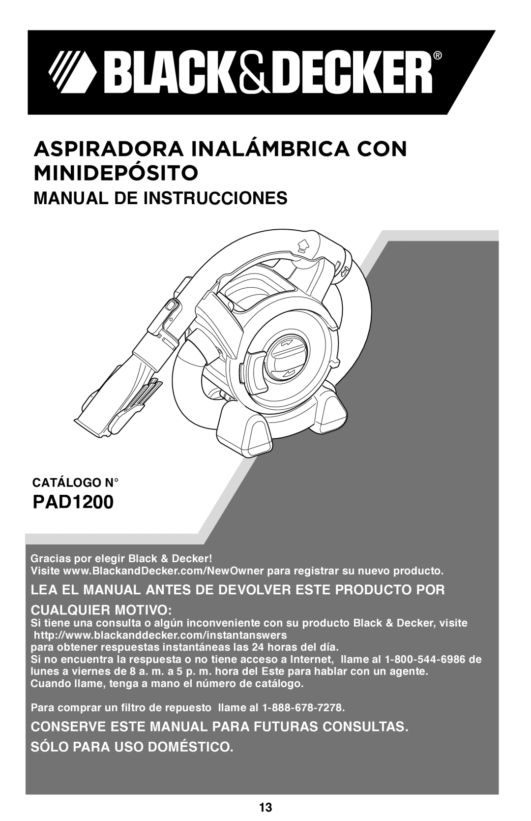 Black & Decker PAD1200 instruction manual Aspiradora inalámbrica con minidepósito 
