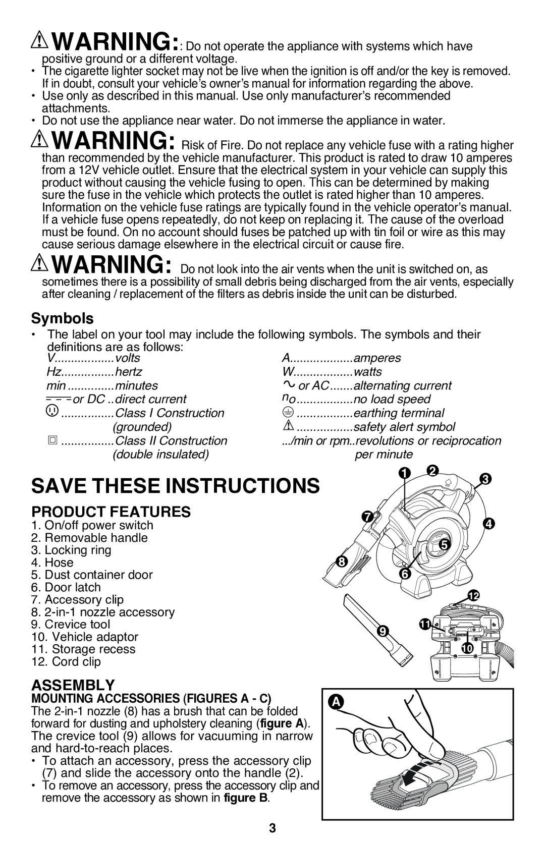 Black & Decker PAD1200 instruction manual Symbols, Product Features, Assembly, Mounting accessories figures a C 