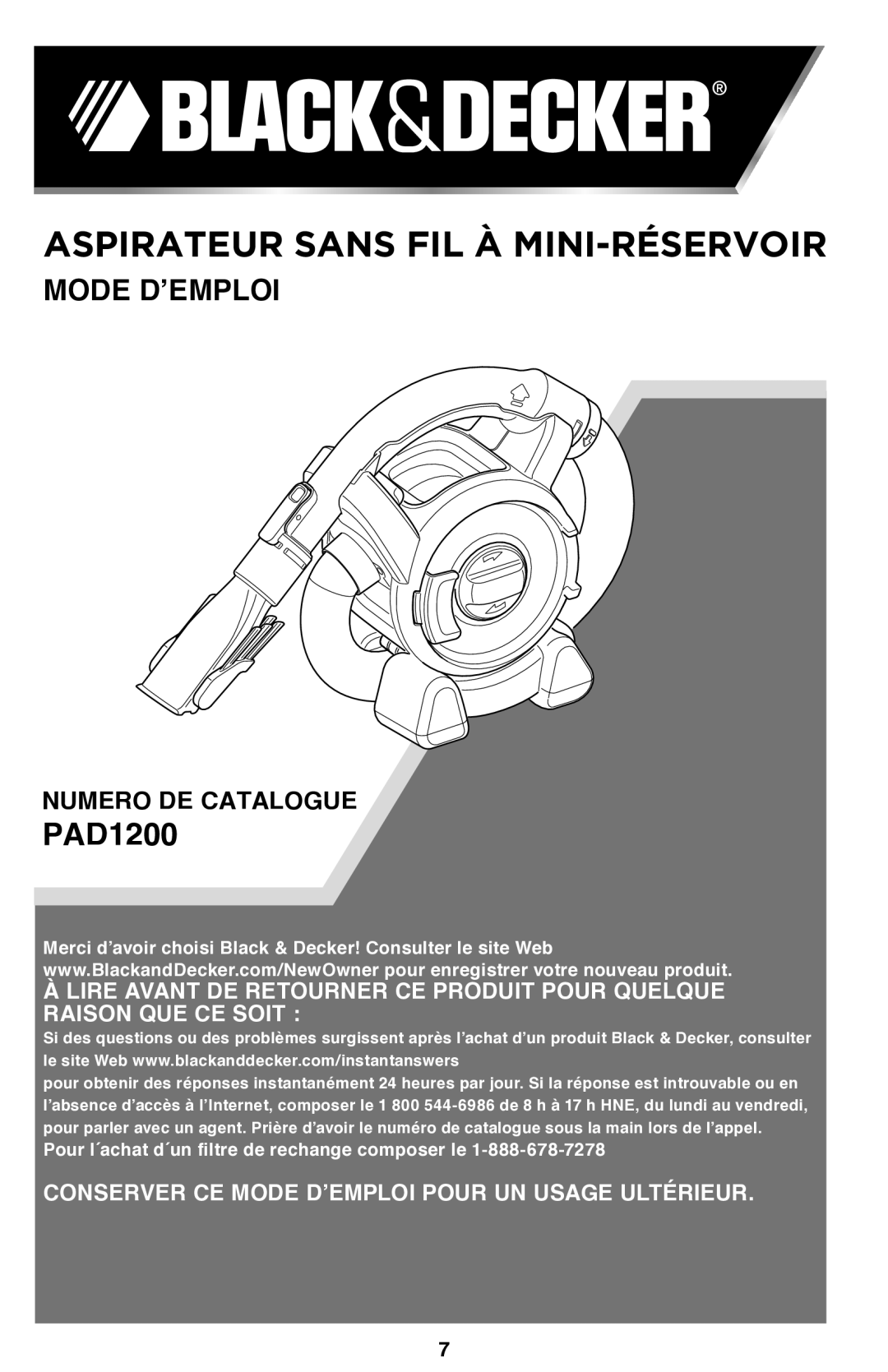 Black & Decker PAD1200 instruction manual Aspirateur sans fil à mini-réservoir, Numero de catalogue 