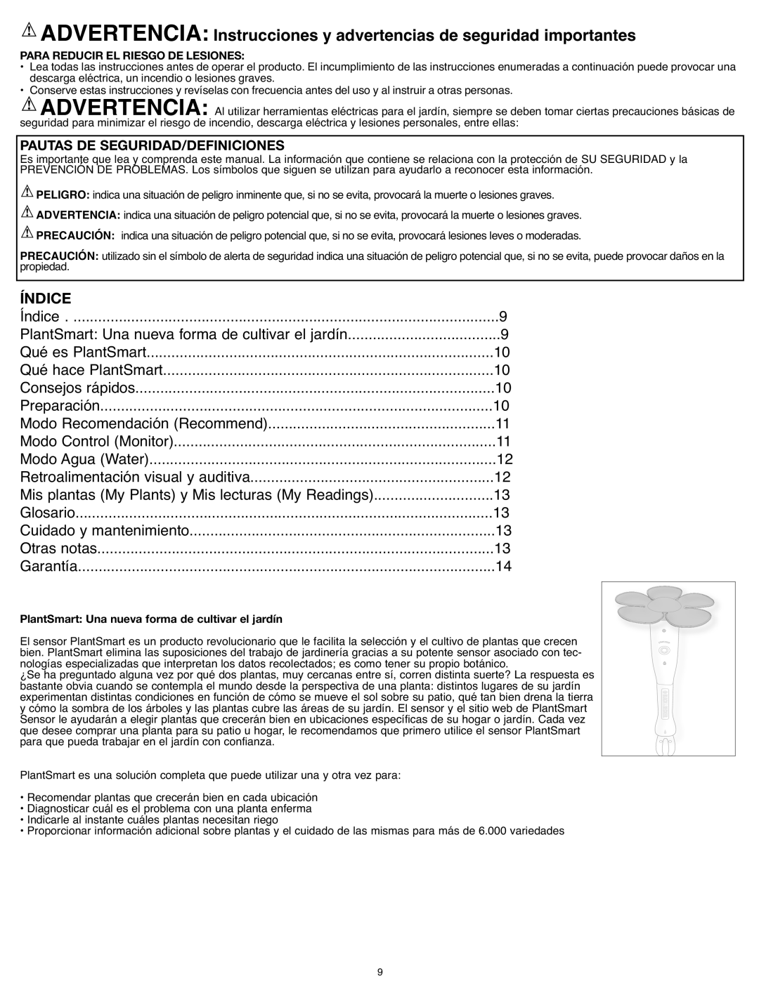 Black & Decker PCS10 instruction manual Ndice, PlantSmart Una nueva forma de cultivar el jardín 