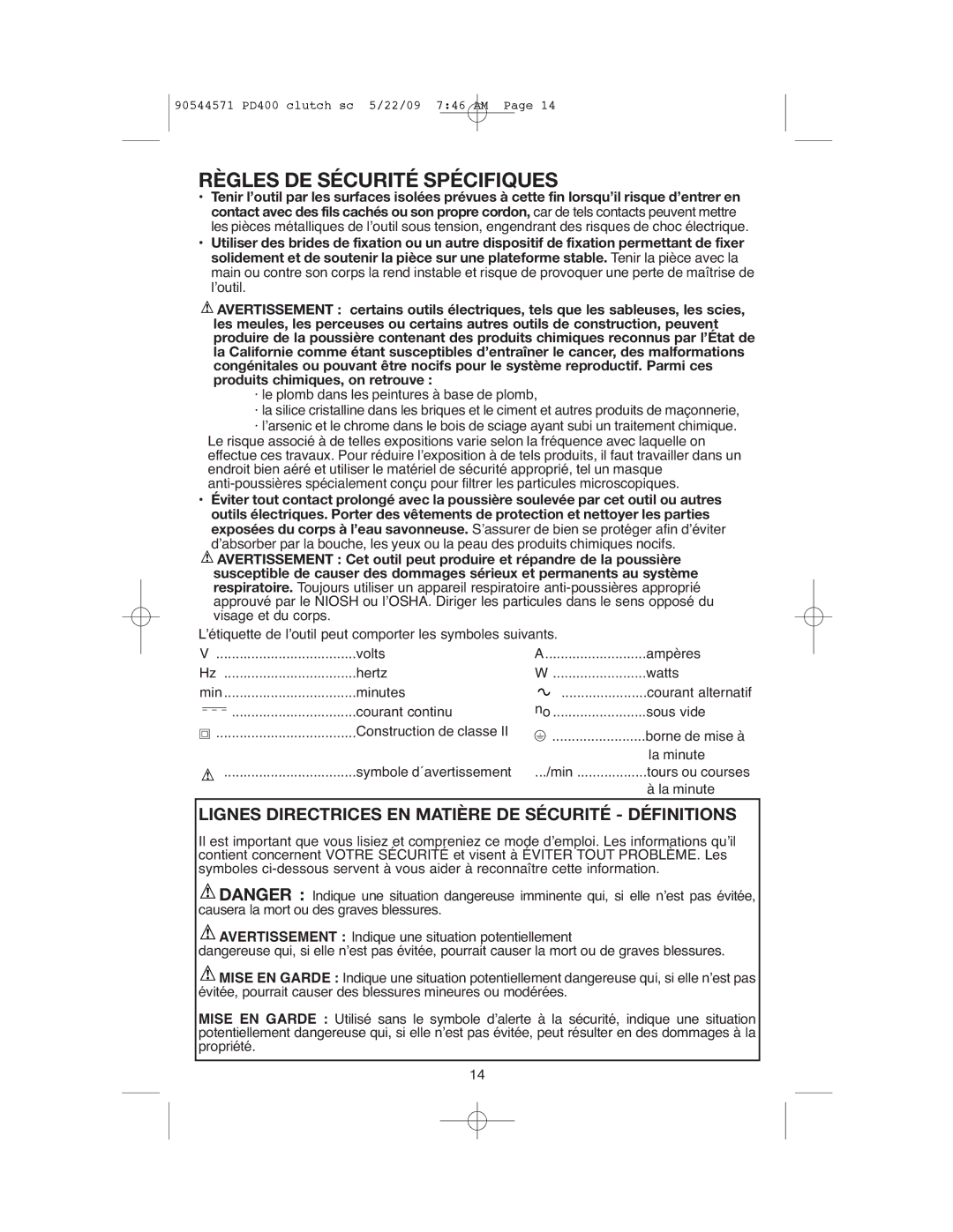 Black & Decker PD400, 90544571 Règles DE Sécurité Spécifiques, Lignes Directrices EN Matière DE Sécurité Définitions 