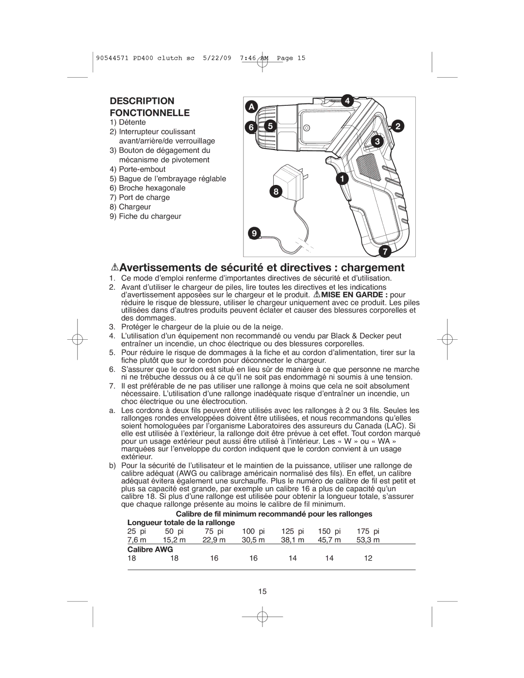 Black & Decker 90544571 Description Fonctionnelle, Calibre de fil minimum recommandé pour les rallonges, Calibre AWG 