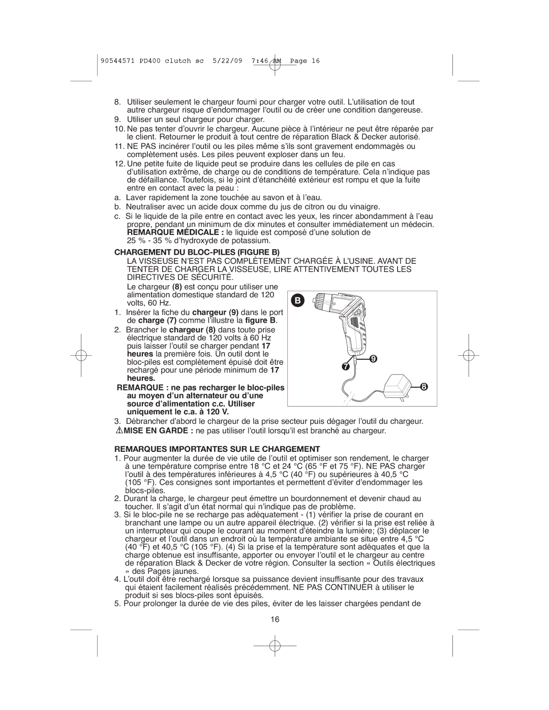 Black & Decker PD400, 90544571 instruction manual Chargement DU BLOC-PILES Figure B, Remarques Importantes SUR LE Chargement 