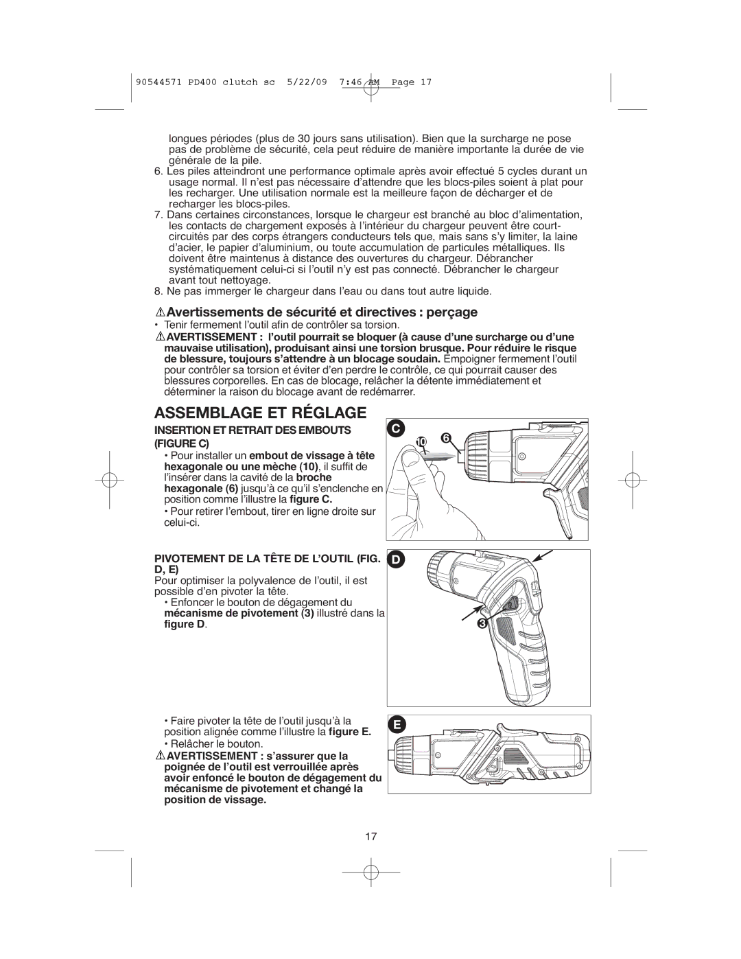 Black & Decker 90544571, PD400 instruction manual Assemblage ET Réglage, Insertion ET Retrait DES Embouts Figure C 