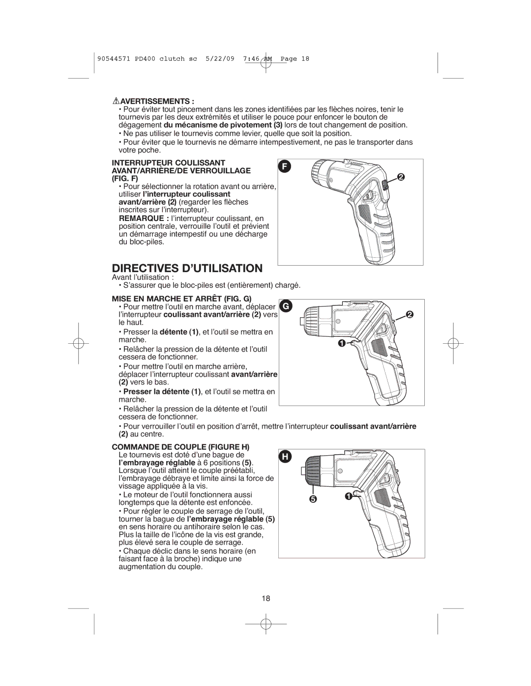 Black & Decker PD400, 90544571 instruction manual Directives D’UTILISATION, Avertissements, Mise EN Marche ET Arrêt FIG. G 