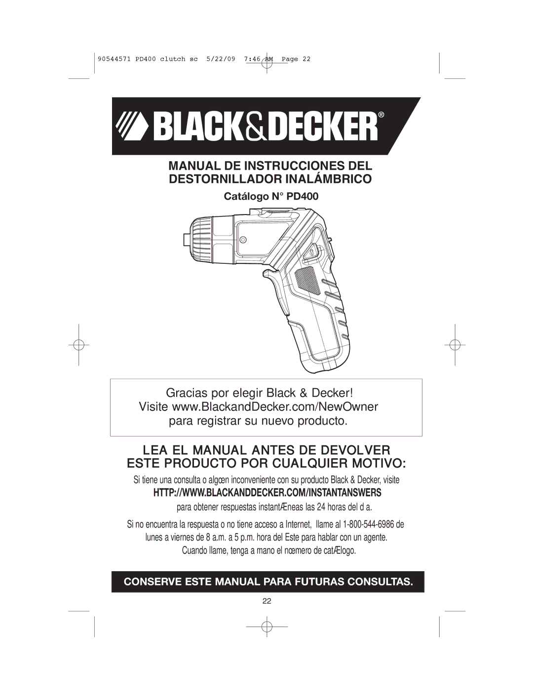 Black & Decker PD400, 90544571 instruction manual Manual DE Instrucciones DEL Destornillador Inalámbrico 