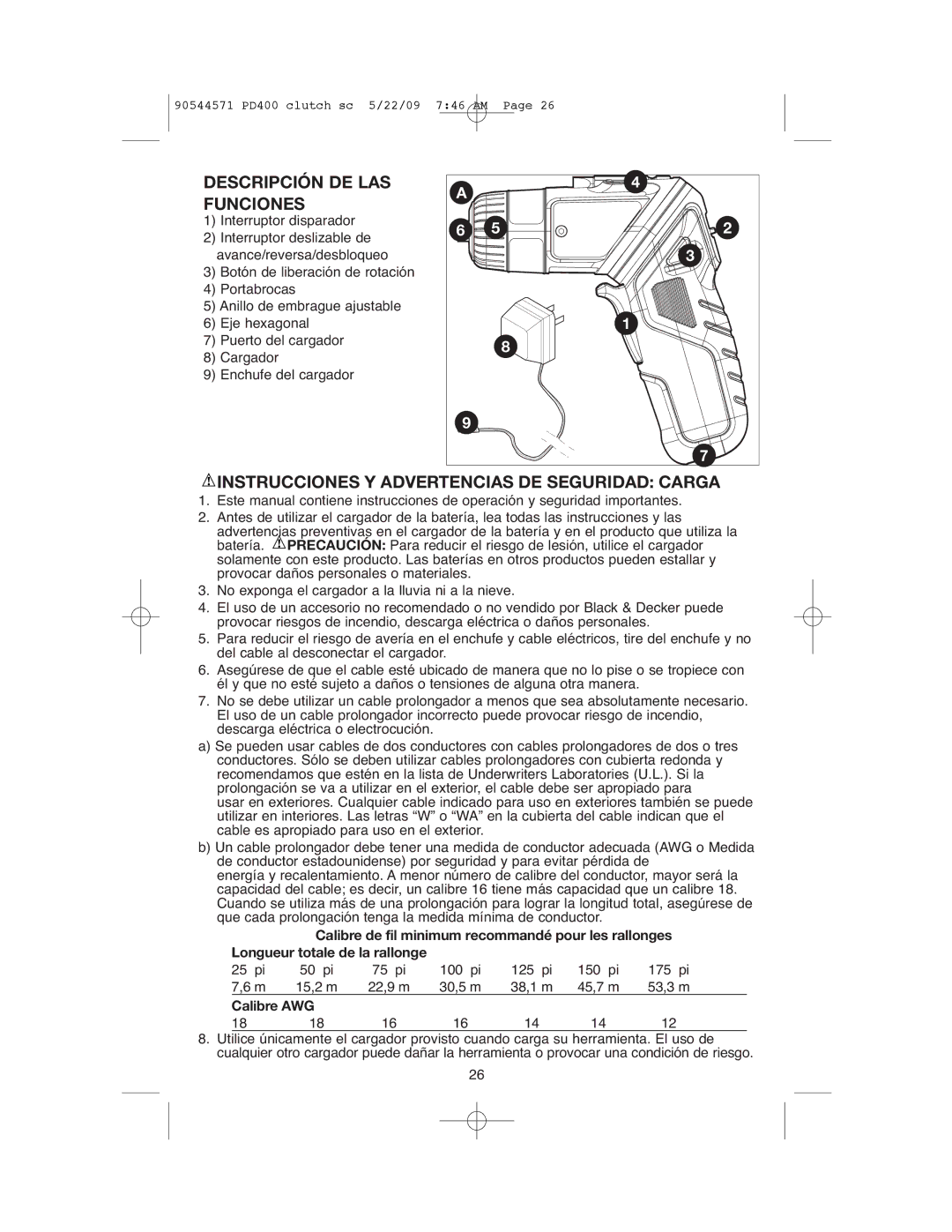 Black & Decker PD400, 90544571 Descripción DE LAS Funciones, Instrucciones Y Advertencias DE Seguridad Carga 