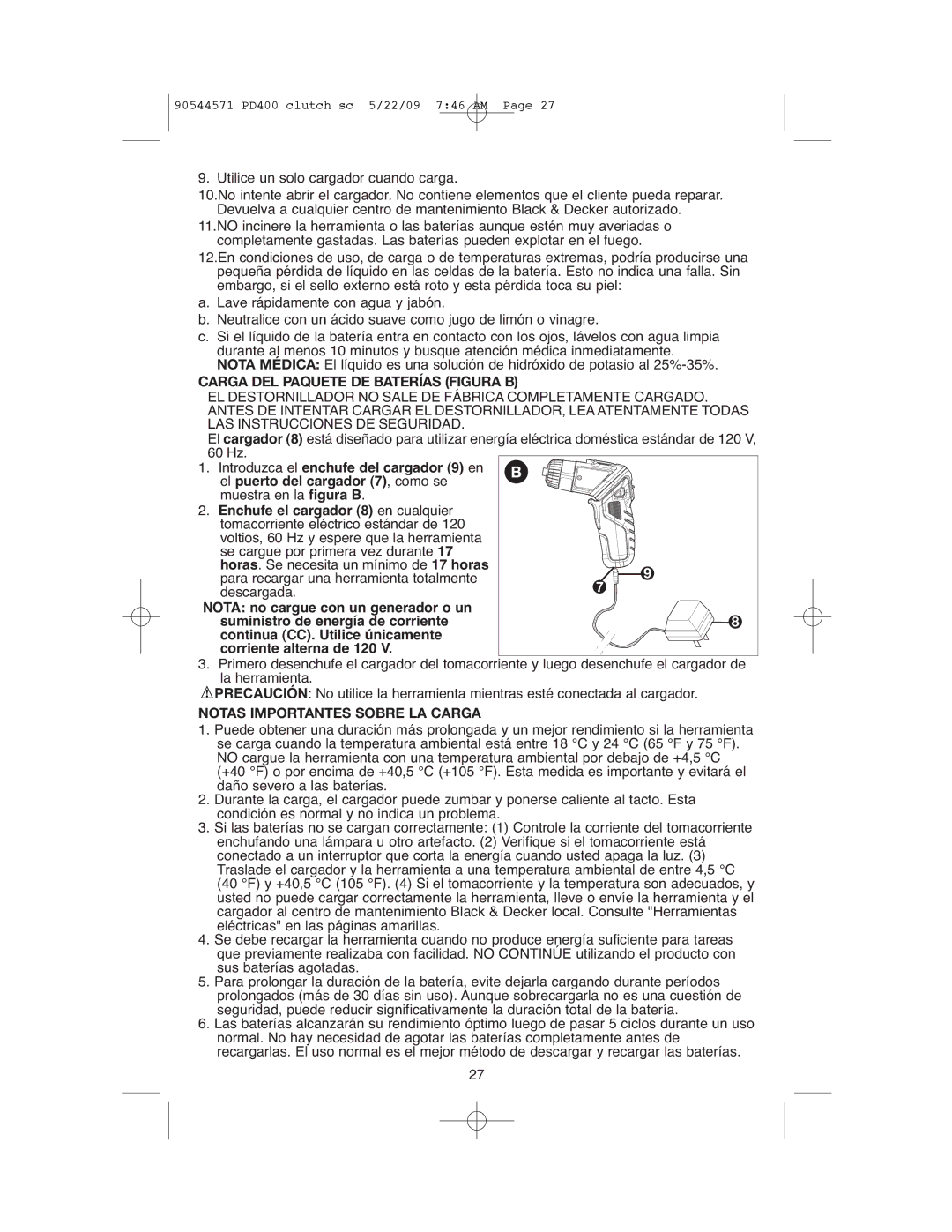 Black & Decker 90544571, PD400 instruction manual Carga DEL Paquete DE Baterías Figura B, Notas Importantes Sobre LA Carga 