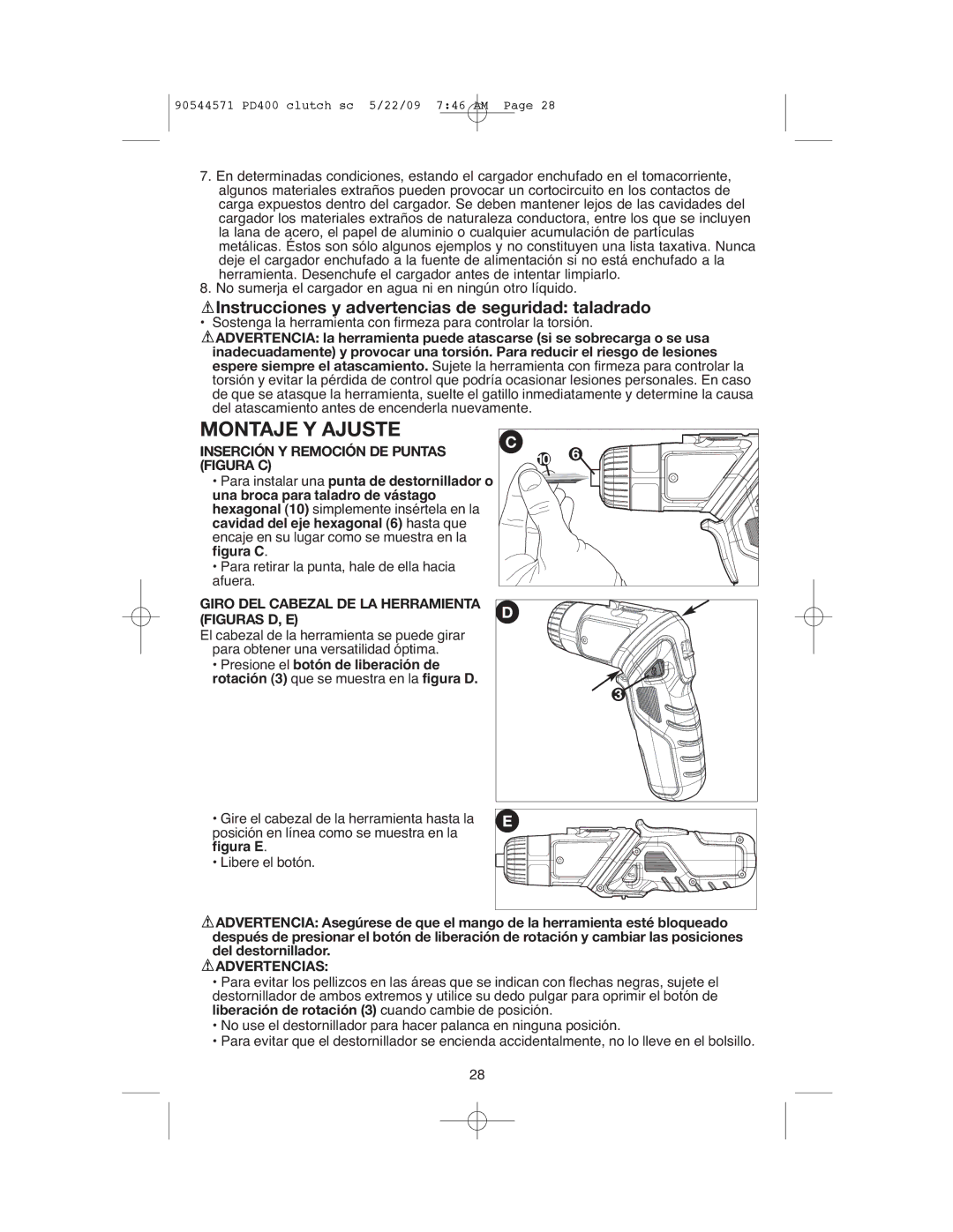 Black & Decker PD400, 90544571 instruction manual Montaje Y Ajuste, Inserción Y Remoción DE Puntas Figura C, Advertencias 