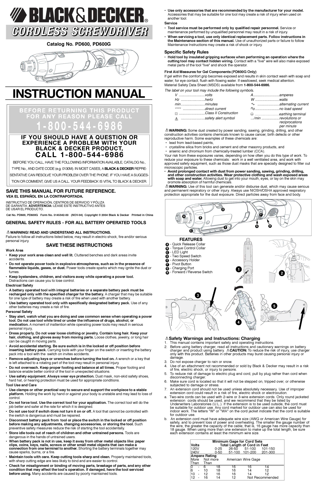 Black & Decker PD600G, 5145342-00 instruction manual Save this Manual for Future Reference, Specific Safety Rules 