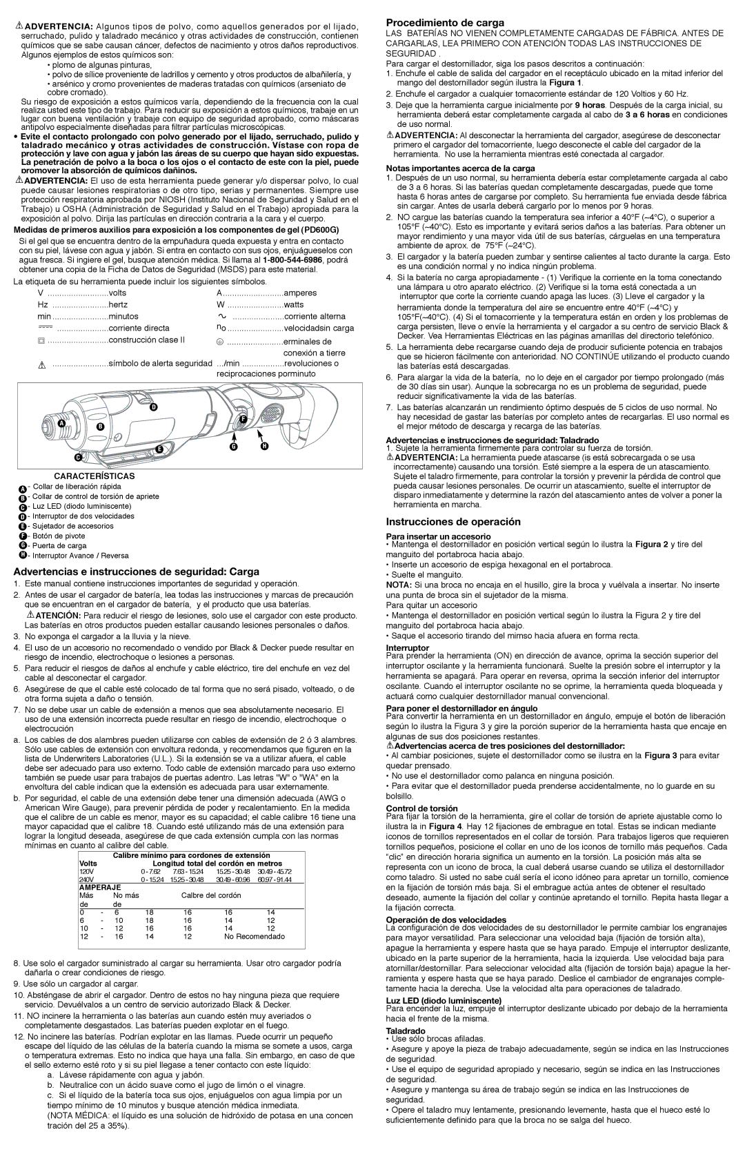 Black & Decker 5145342-00, PD600G Advertencias e instrucciones de seguridad Carga, Procedimiento de carga, Características 