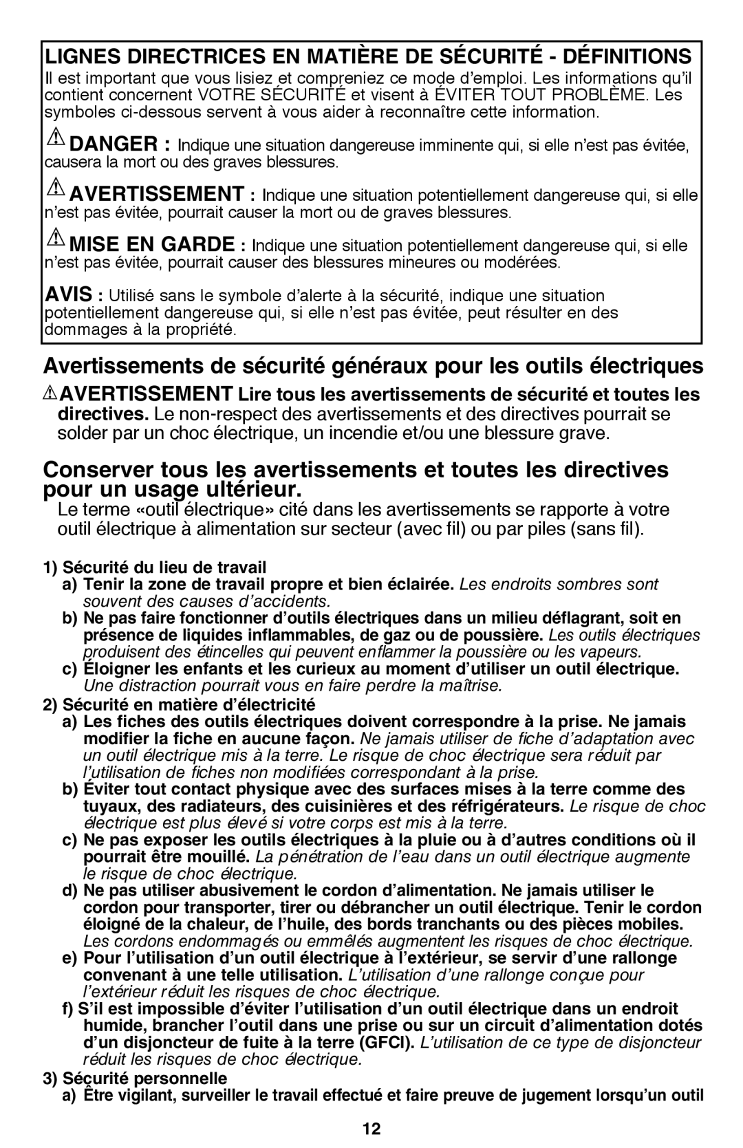 Black & Decker PF260 instruction manual Lignes directrices en matière de sécurité définitions 