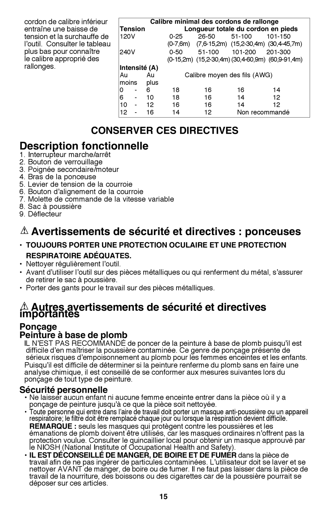 Black & Decker PF260 Description fonctionnelle, Avertissements de sécurité et directives ponceuses, Sécurité personnelle 