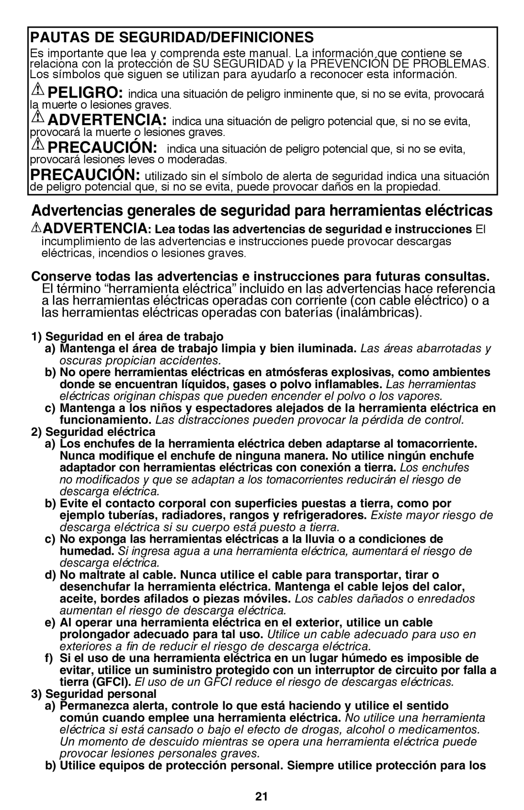 Black & Decker PF260 instruction manual Pautas DE SEGURIDAD/DEFINICIONES 