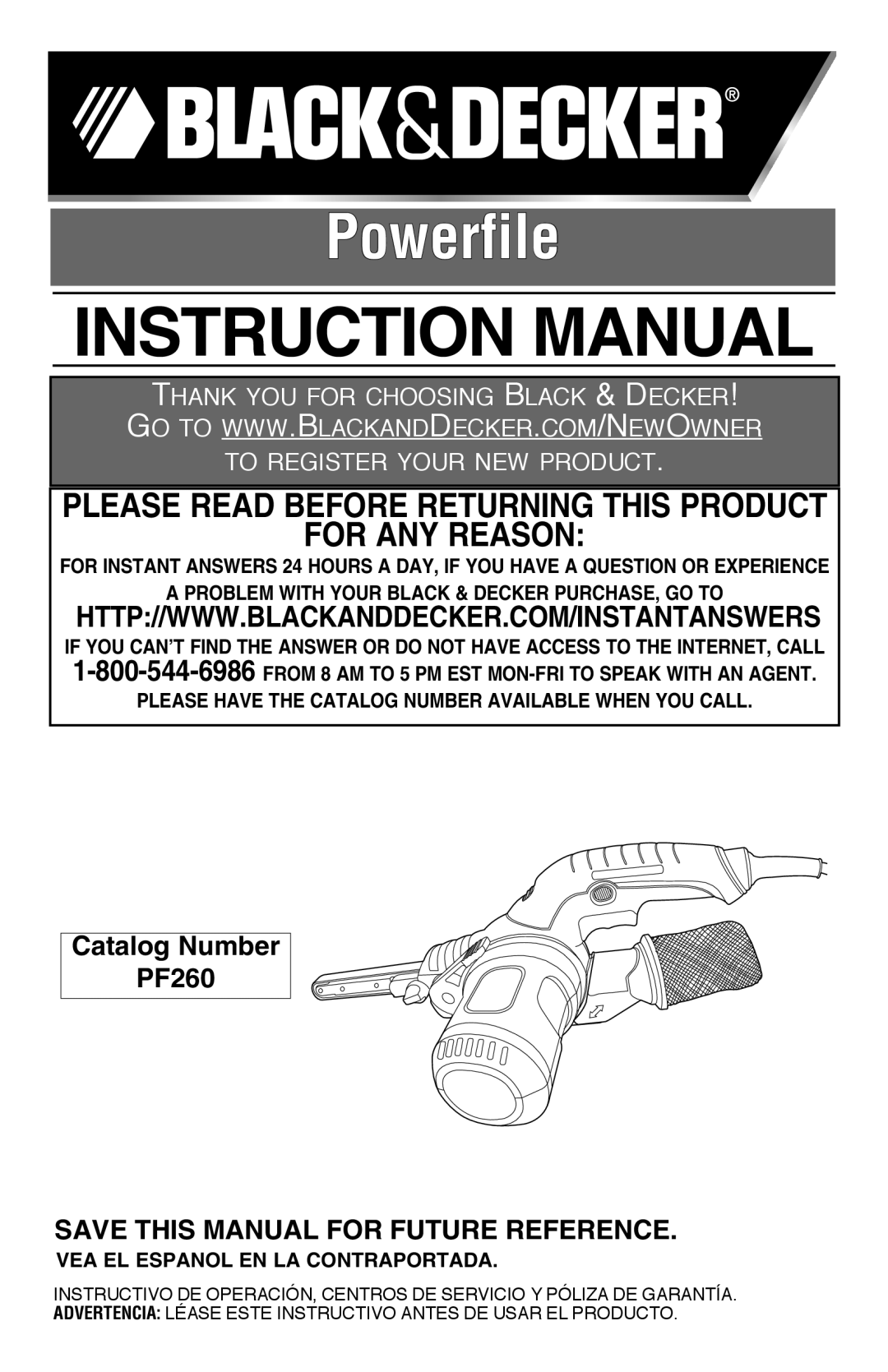 Black & Decker instruction manual Catalog Number PF260 Save this manual for Future reference, Powerfile 