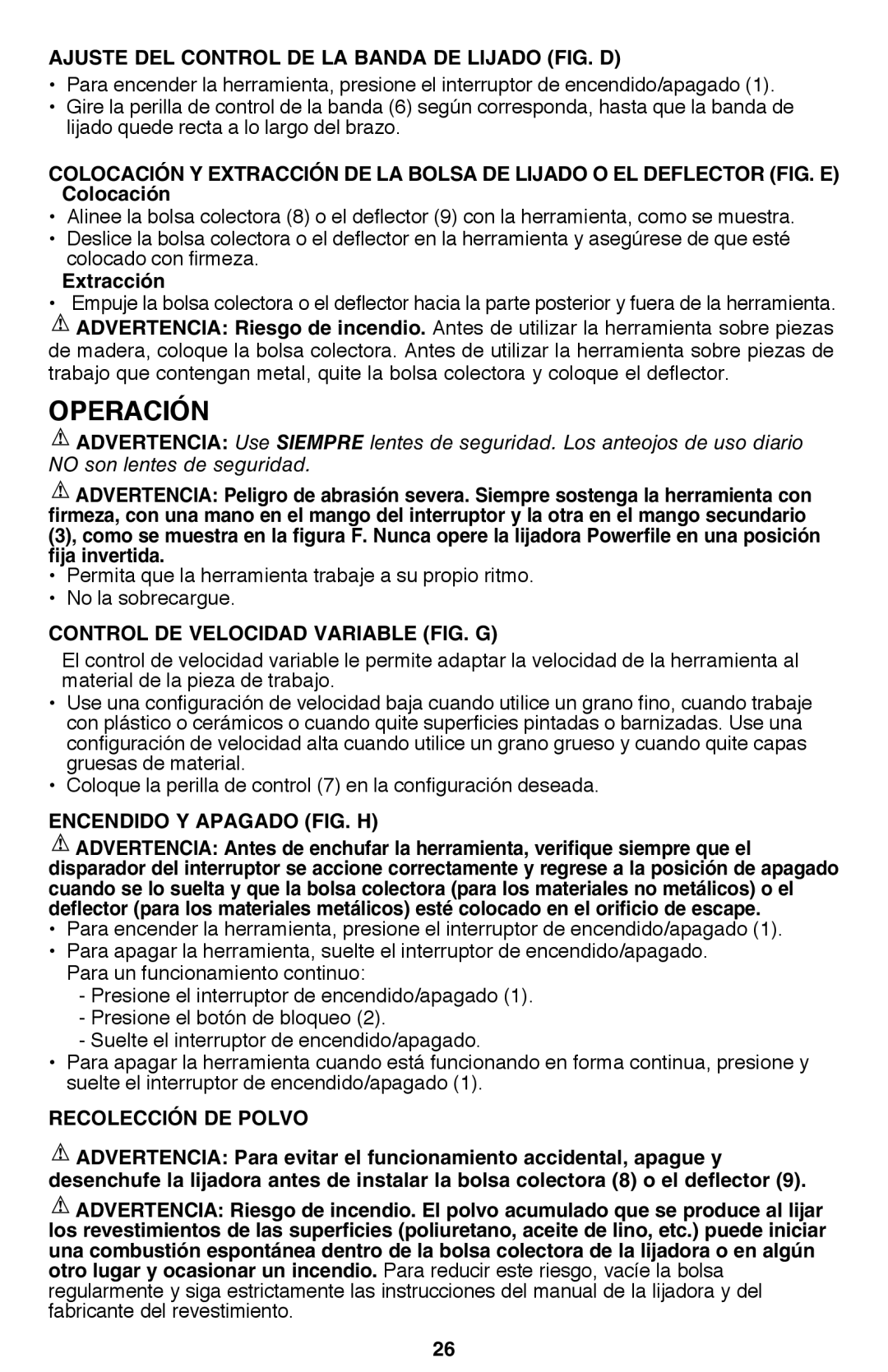 Black & Decker PF260 instruction manual Operación 