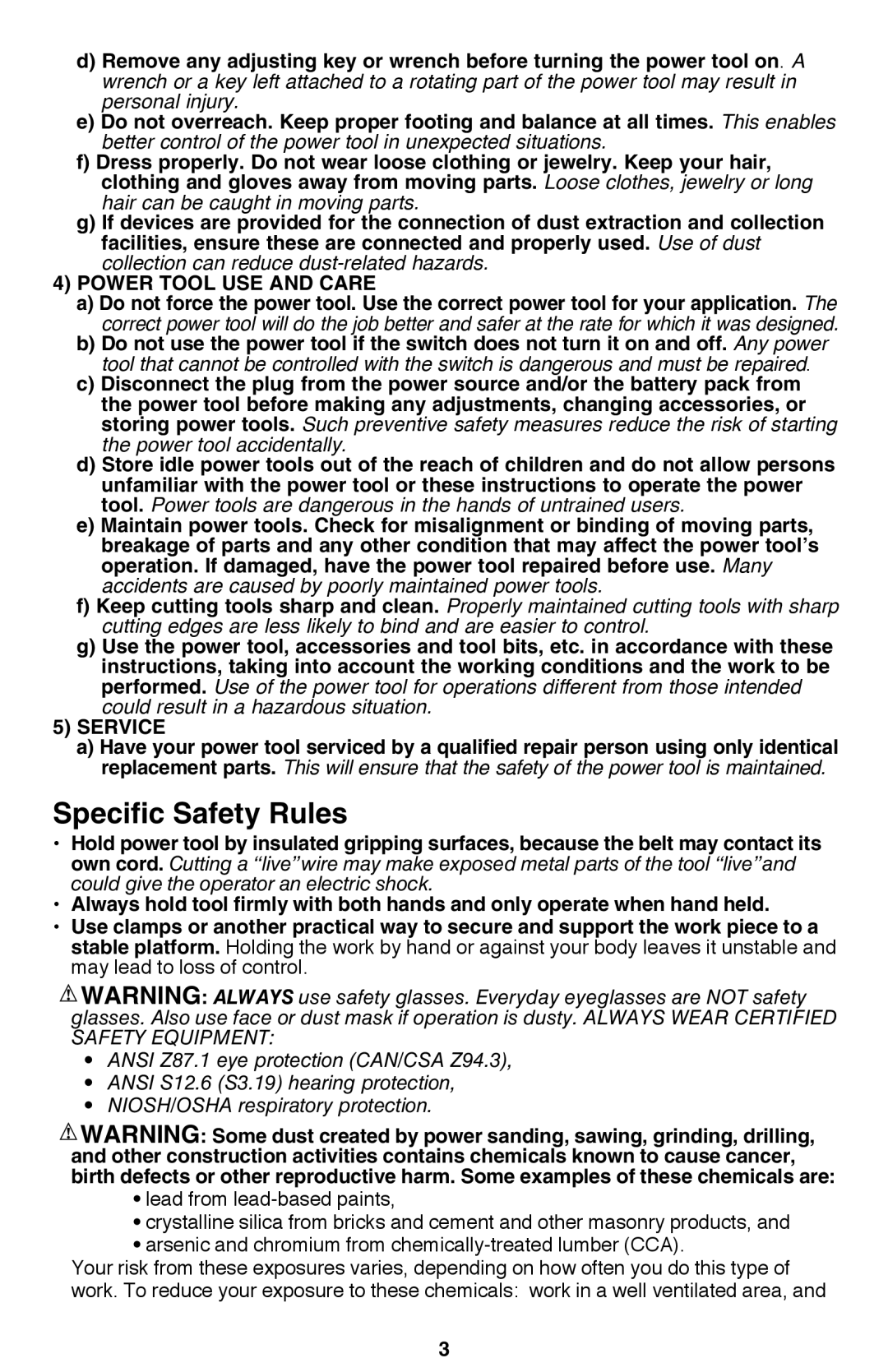 Black & Decker PF260 instruction manual Specific Safety Rules, ANSI Z87.1 eye protection CAN/CSA Z94.3 