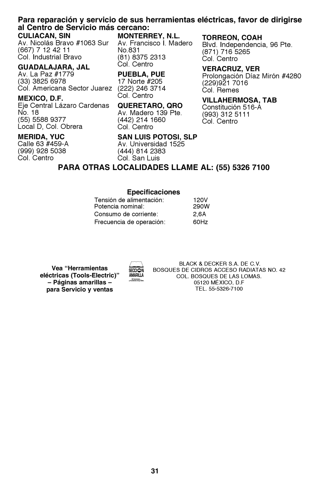 Black & Decker PF260 instruction manual PARA OTRAS LOCALIDADES LLAME AL 55 5326 