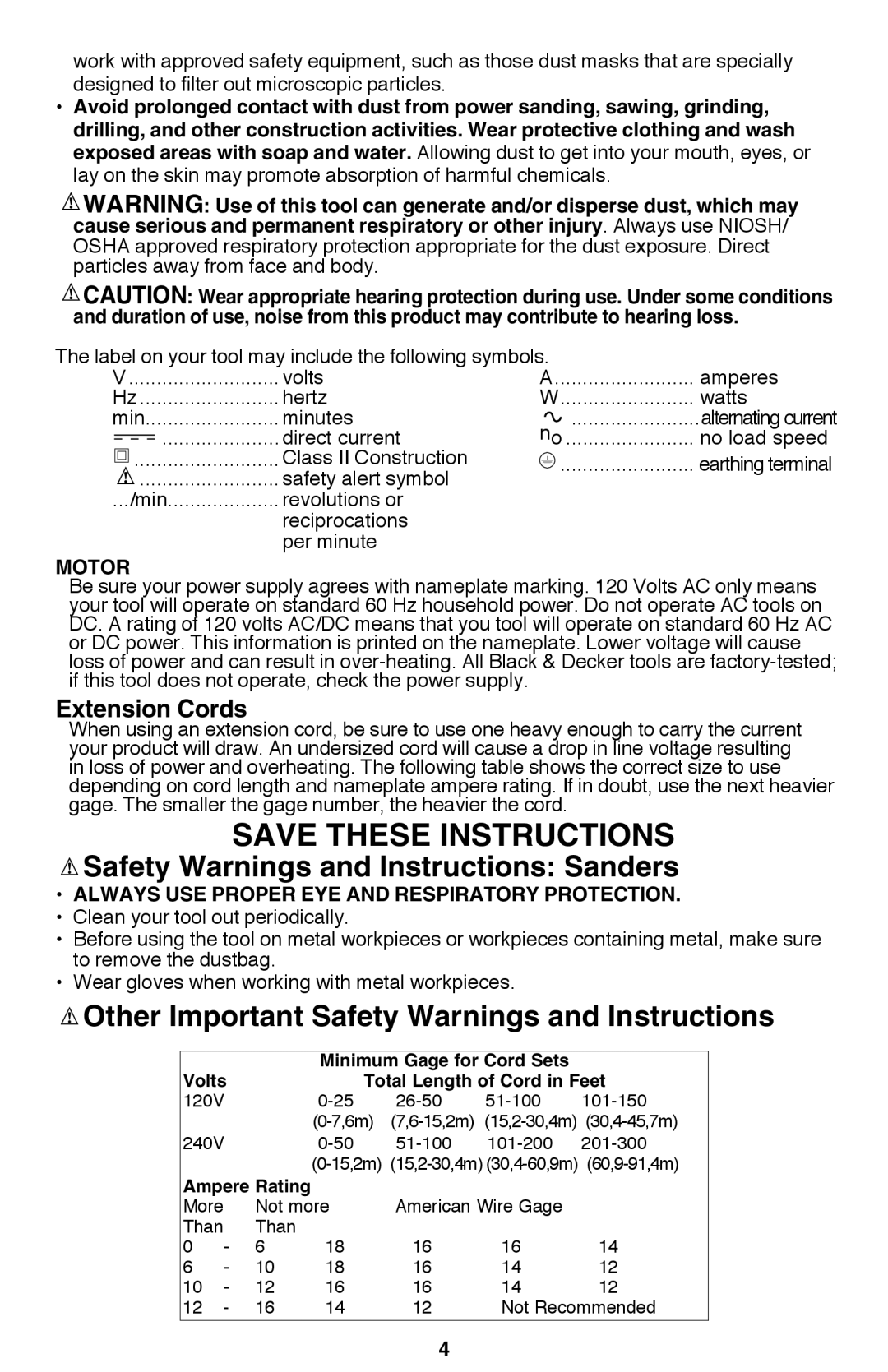 Black & Decker PF260 instruction manual Save these instructions, Safety Warnings and Instructions Sanders, Extension Cords 