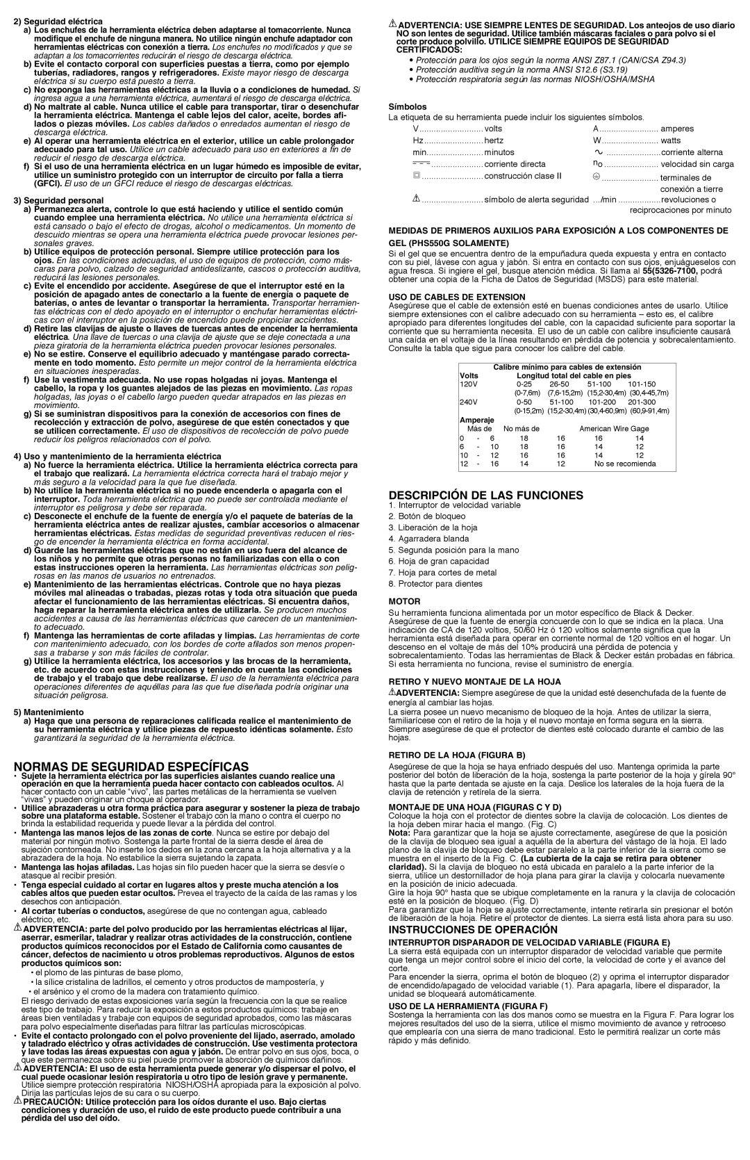 Black & Decker PHS550B Normas de seguridad específicas, Descripción De Las Funciones, Instrucciones de operación 