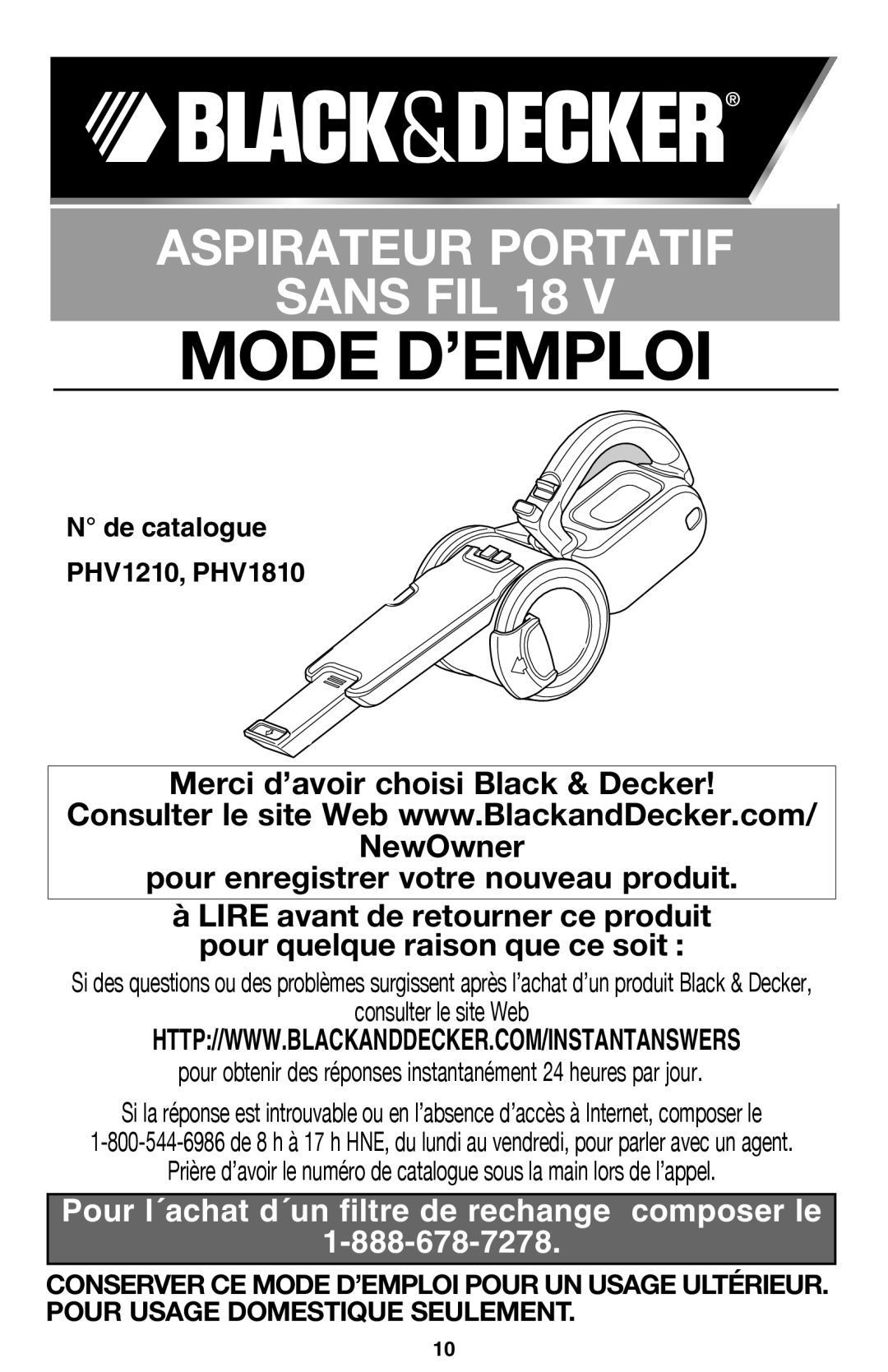 Black & Decker PHV1210 instruction manual Mode D’EMPLOI 