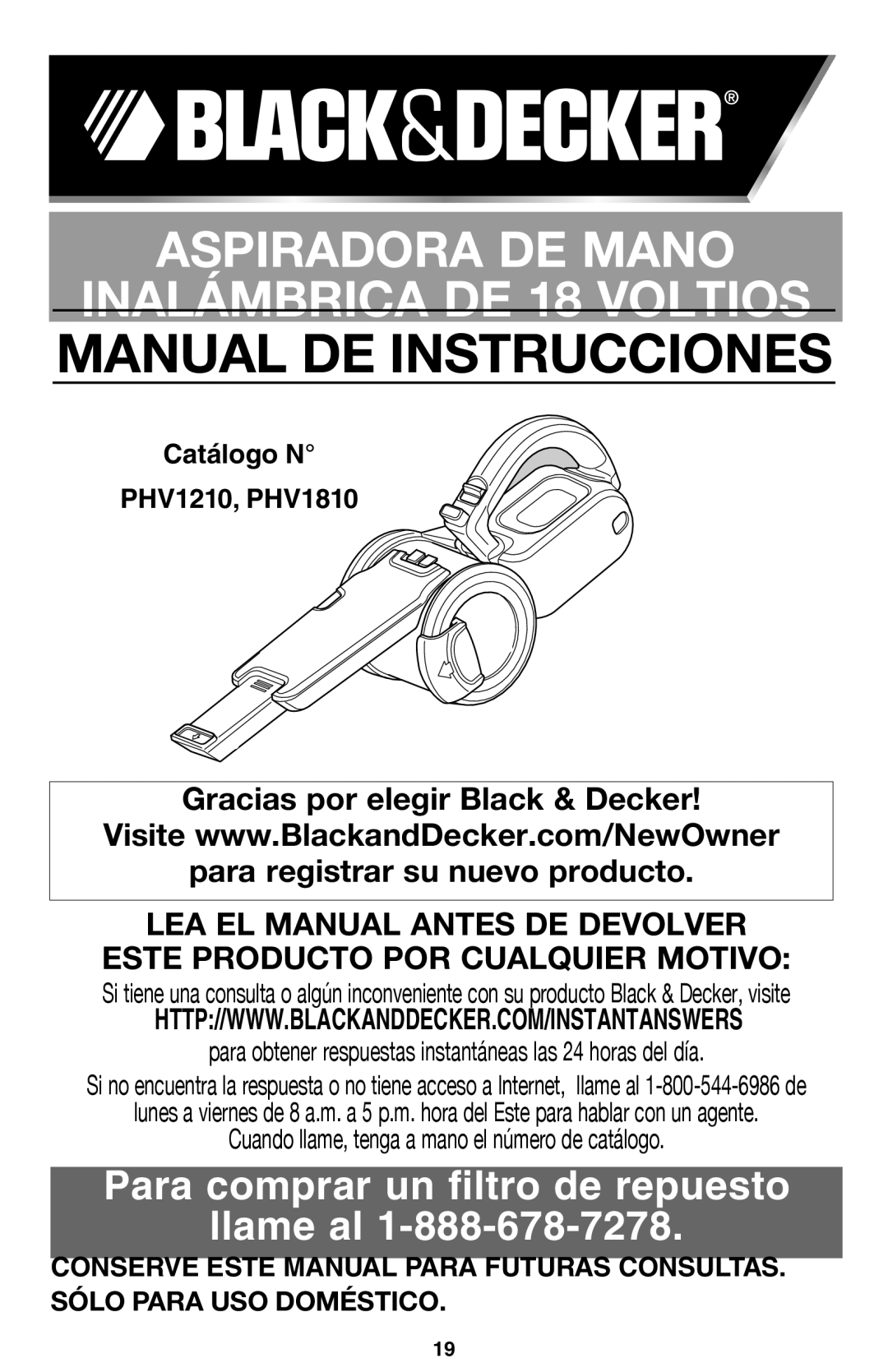 Black & Decker PHV1210 instruction manual Manual DE Instrucciones 