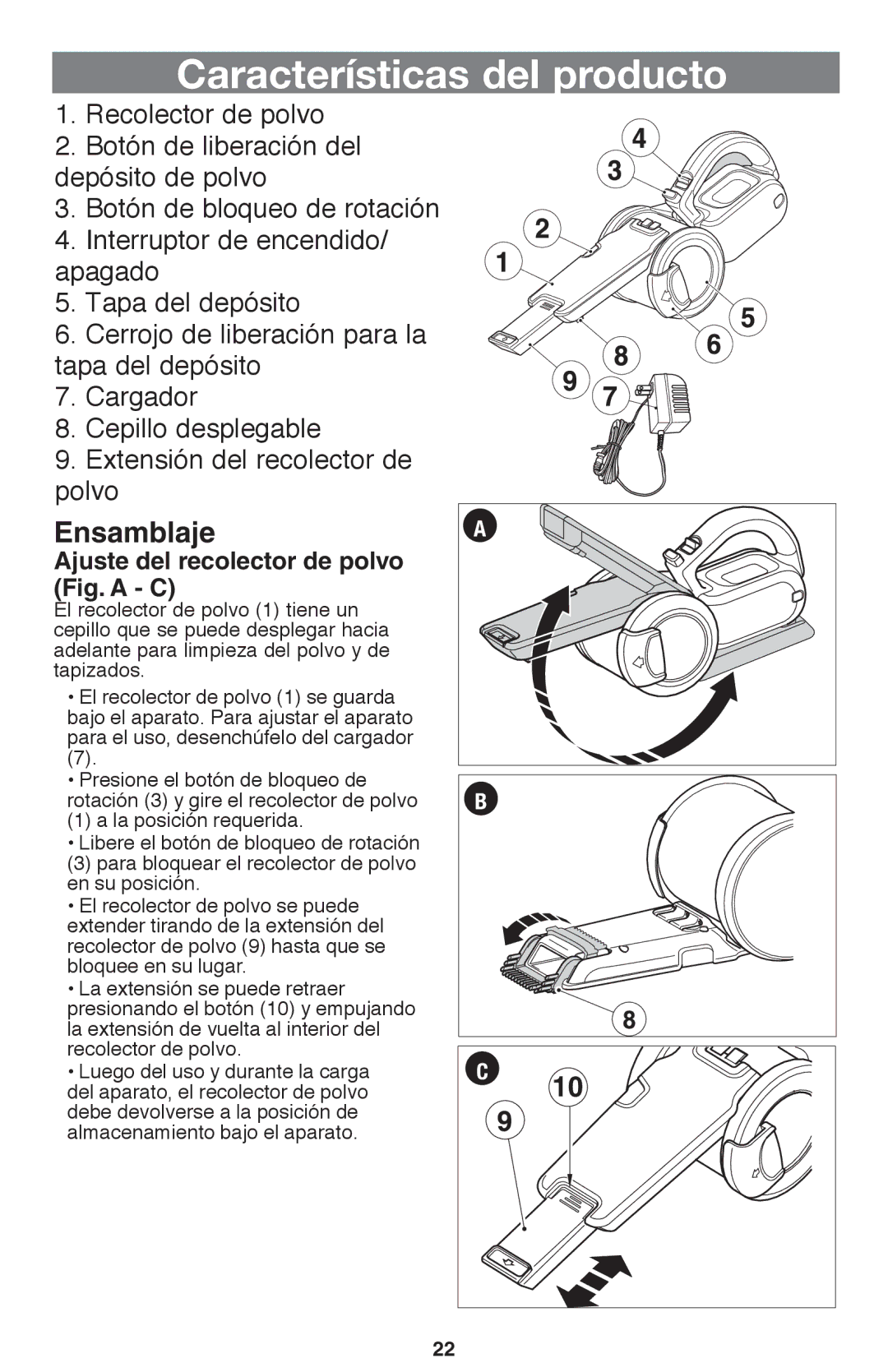 Black & Decker PHV1210 instruction manual Ensamblaje, Ajuste del recolector de polvo Fig. a C 