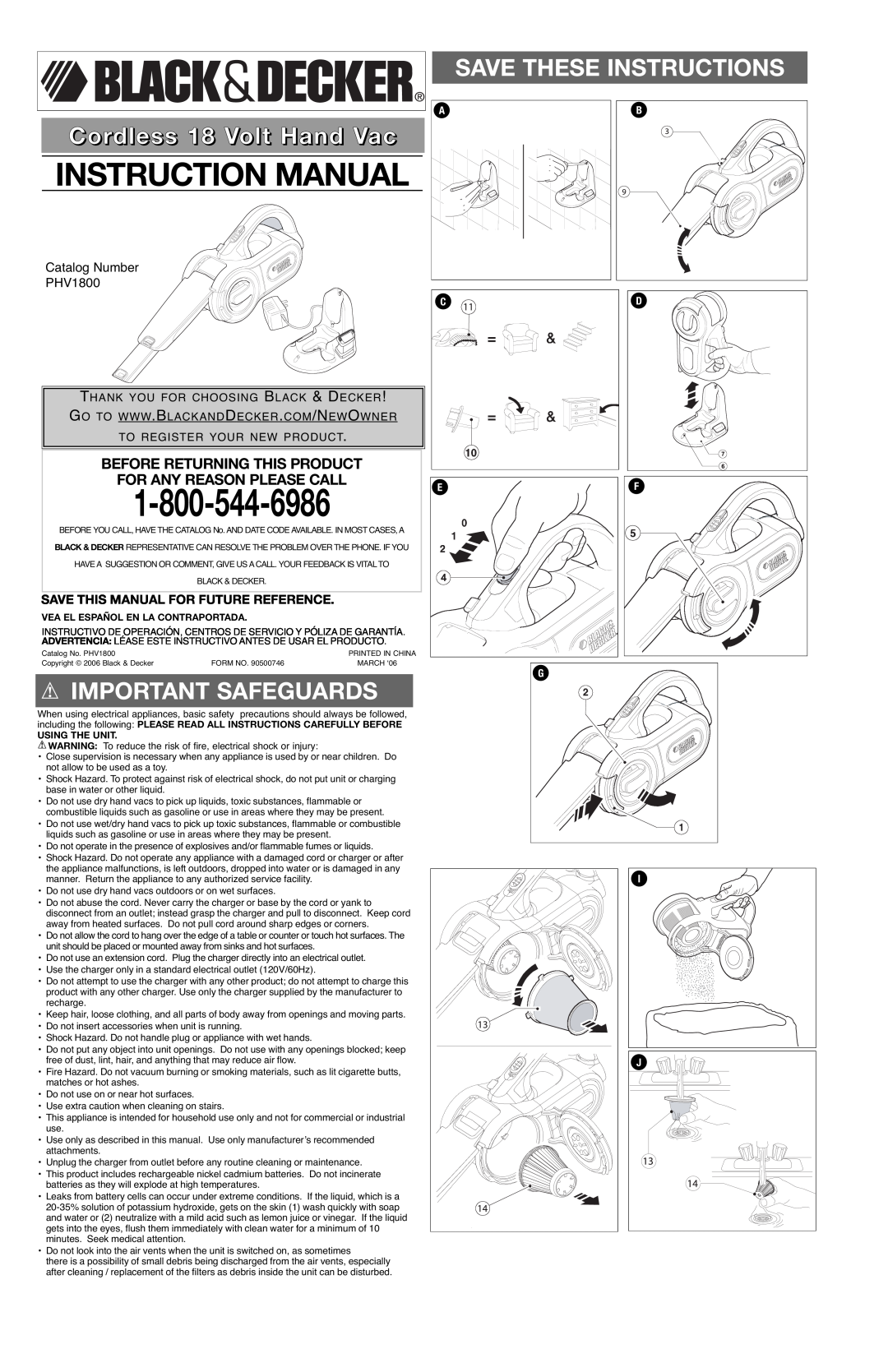 Black & Decker 90500746 instruction manual Instruction Manual, Save These Instructions, Cordless 18 Volt Hand Vac 