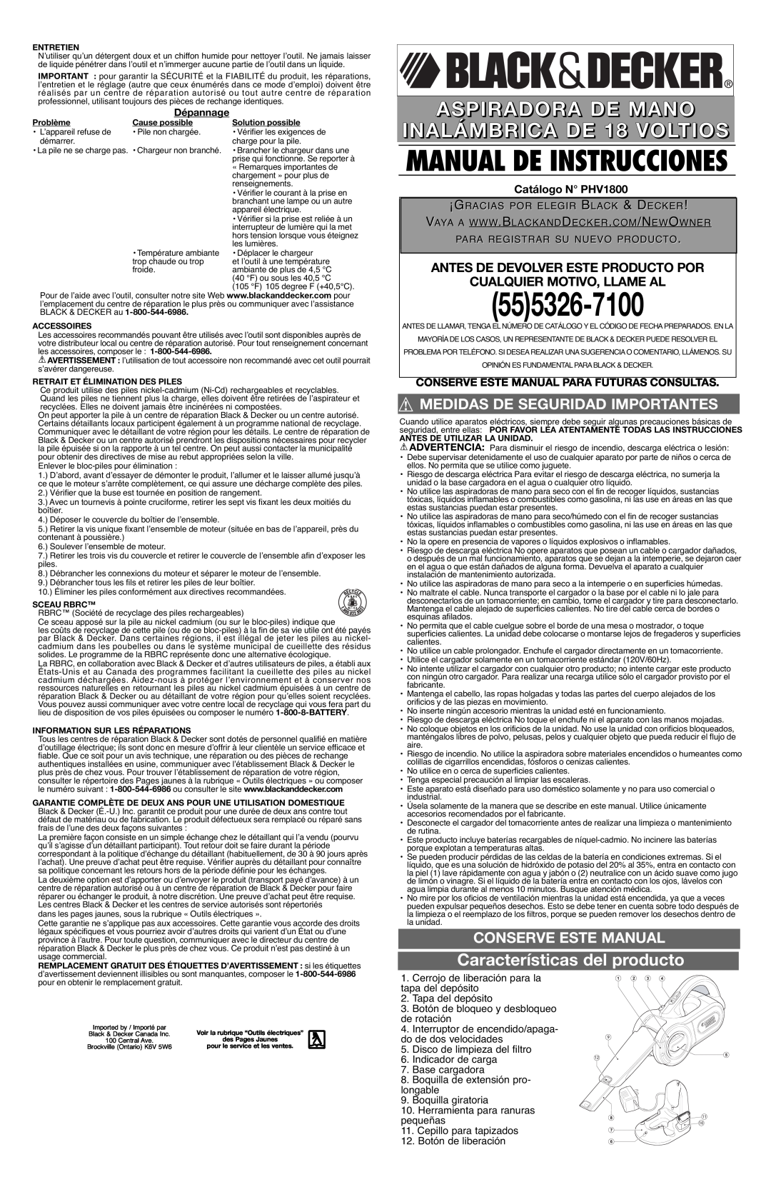 Black & Decker PHV1800CB ASPIRADORA DE MANO INALÁMBRICA DE 18 VOLTIOS, Características del producto, Catálogo N PHV1800 