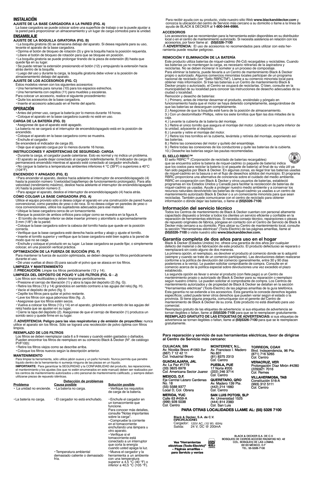 Black & Decker 90500746, PHV1800CB instruction manual Instalación, Ensamblaje, Operación, Información del servicio técnico 