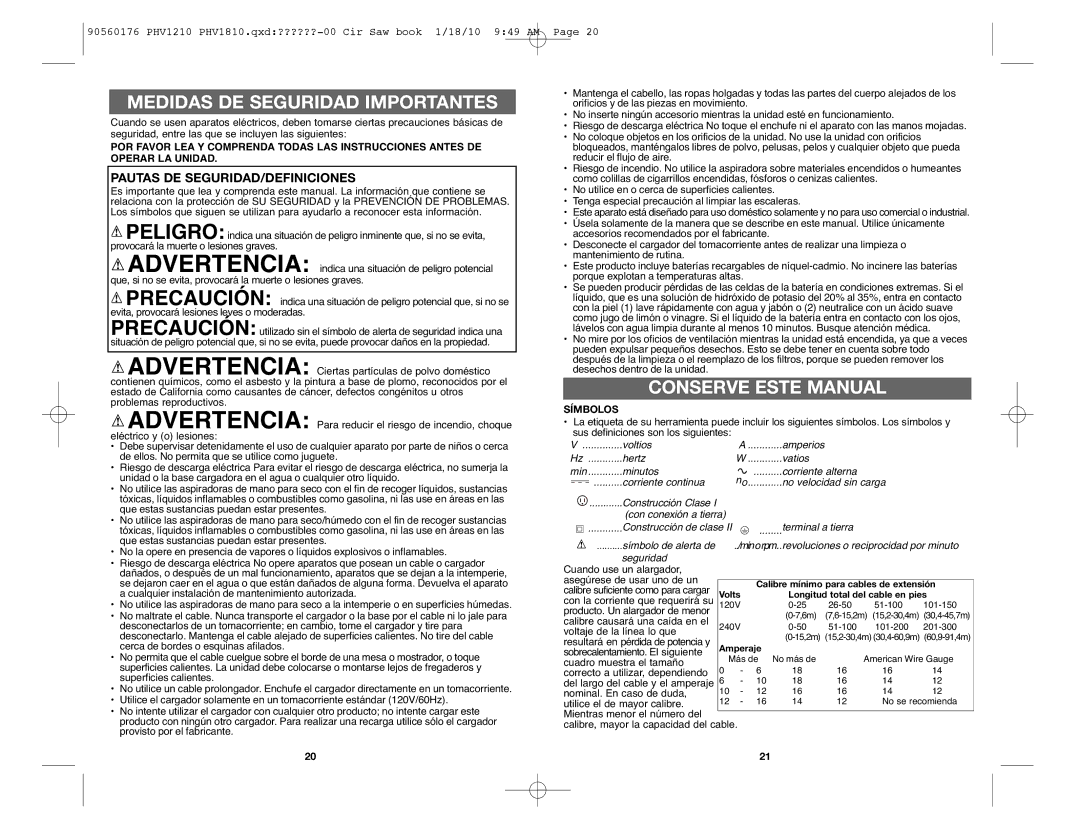 Black & Decker PHV1210, PHV1810 instruction manual Pautas DE SEGURIDAD/DEFINICIONES, Símbolos 