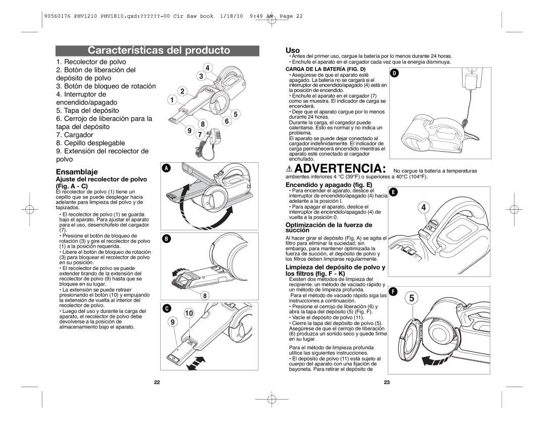 Black & Decker PHV1810, PHV1210 instruction manual Uso, Ensamblaje 