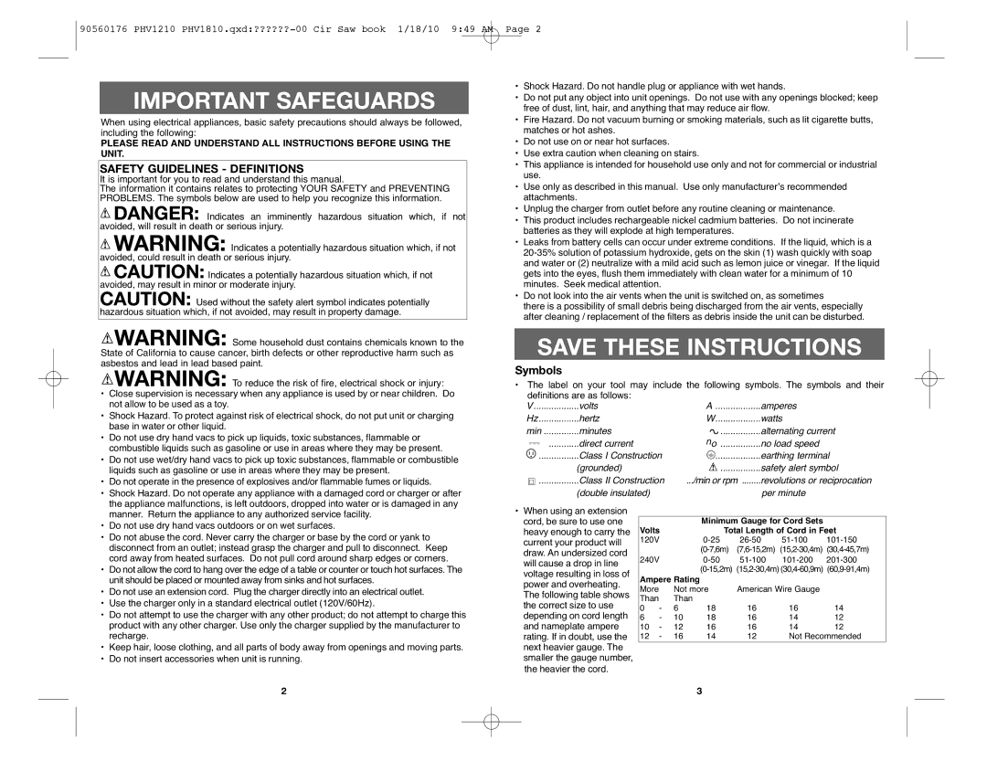 Black & Decker PHV1810, PHV1210 instruction manual Safety Guidelines Definitions, Symbols 