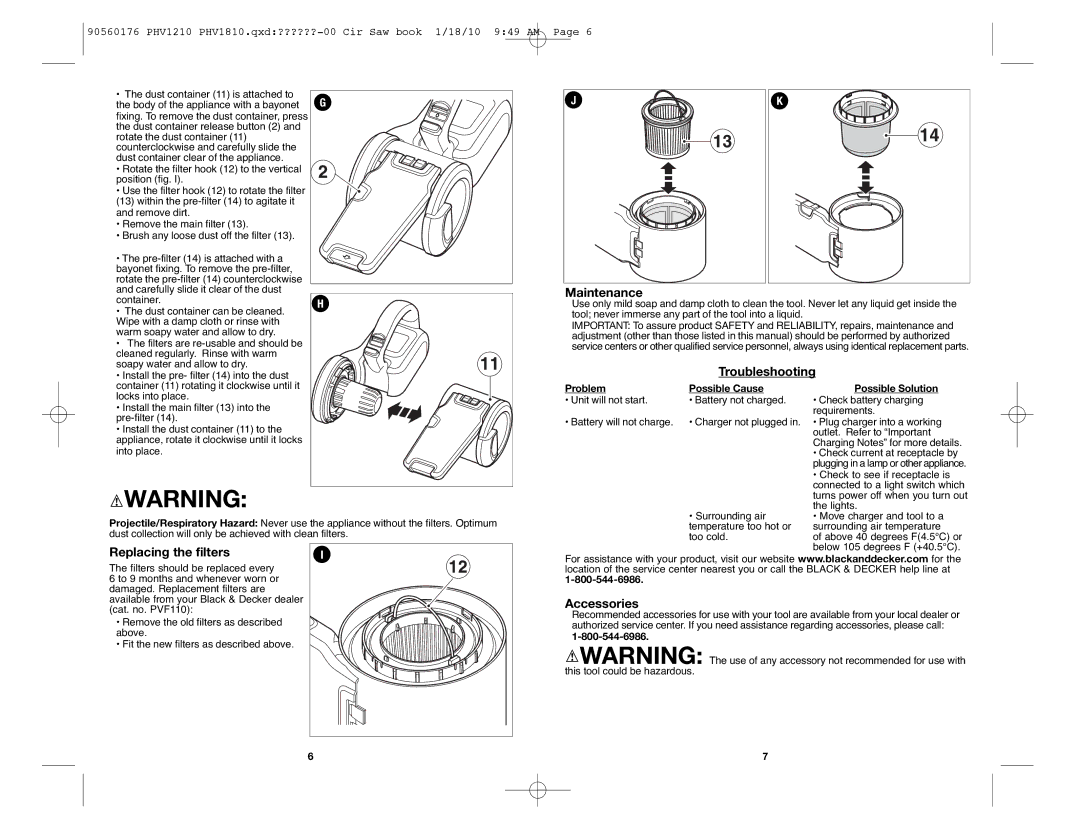 Black & Decker PHV1810, PHV1210 instruction manual Maintenance, Troubleshooting, Replacing the filters, Accessories 