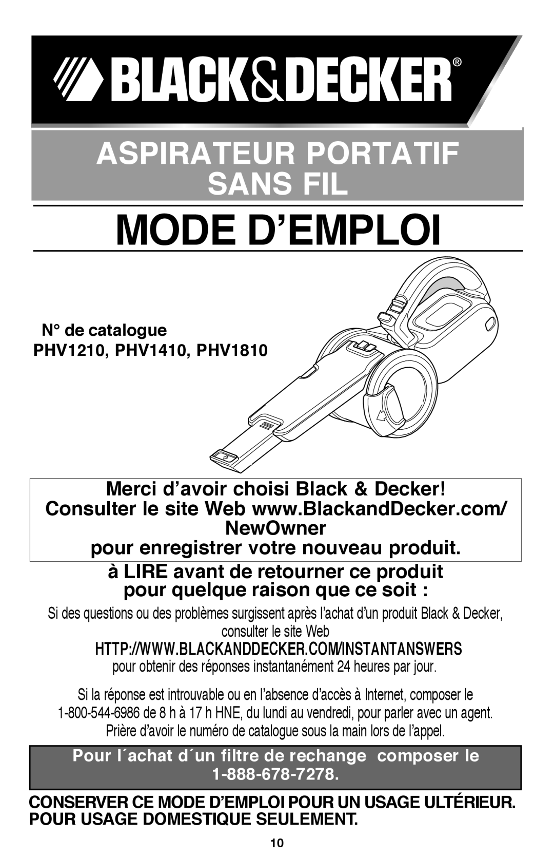 Black & Decker PHV1810 instruction manual Mode D’EMPLOI 