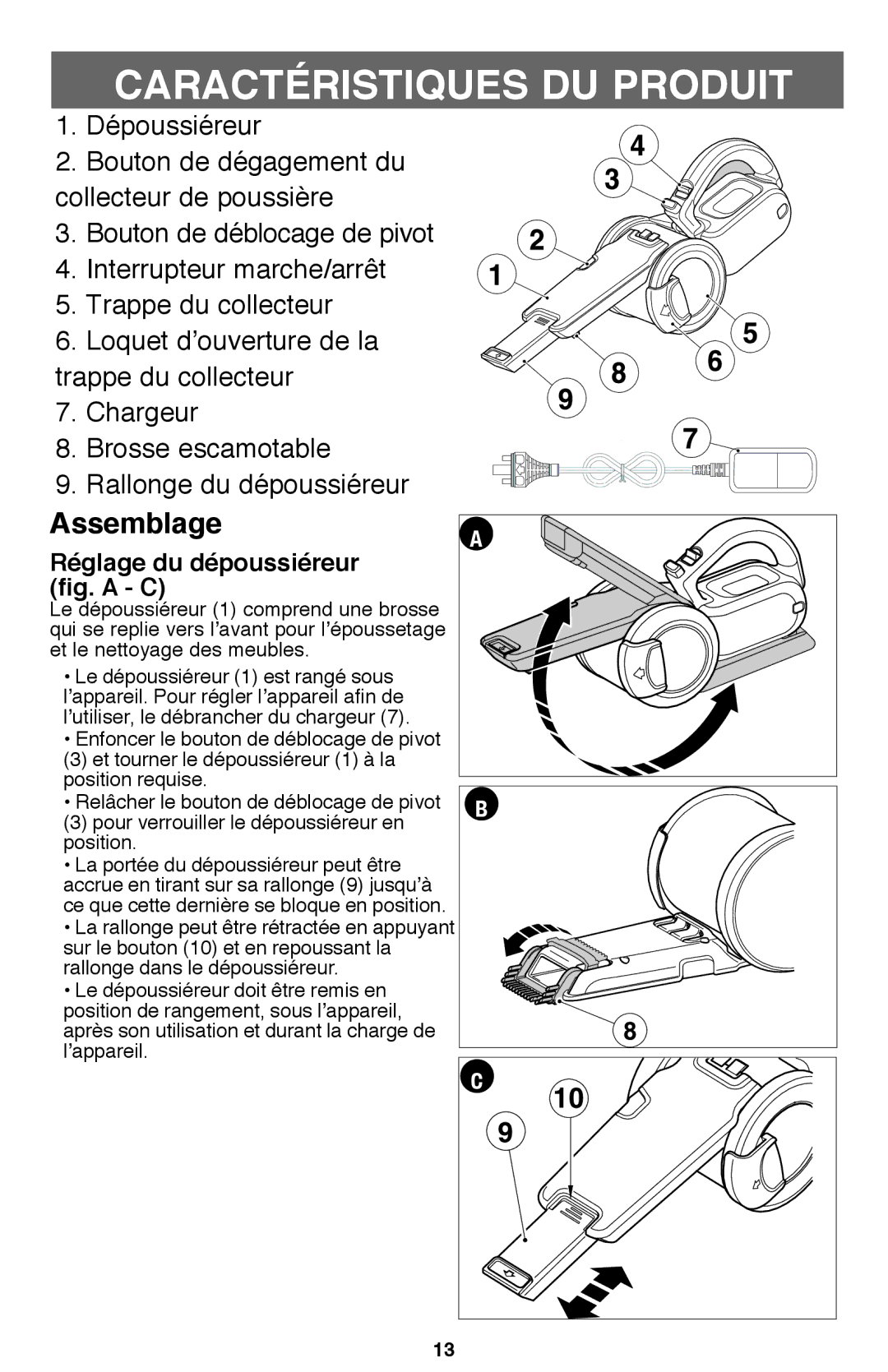 Black & Decker PHV1810 instruction manual Caractéristiques DU Produit, Réglage du dépoussiéreur fig. a C 