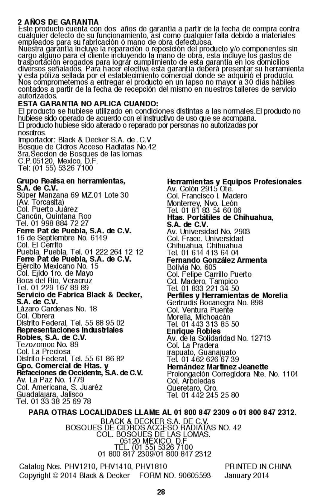 Black & Decker PHV1810 instruction manual Grupo Realsa en herramientas De C.V, Ferre Pat de Puebla, S.A. de C.V 