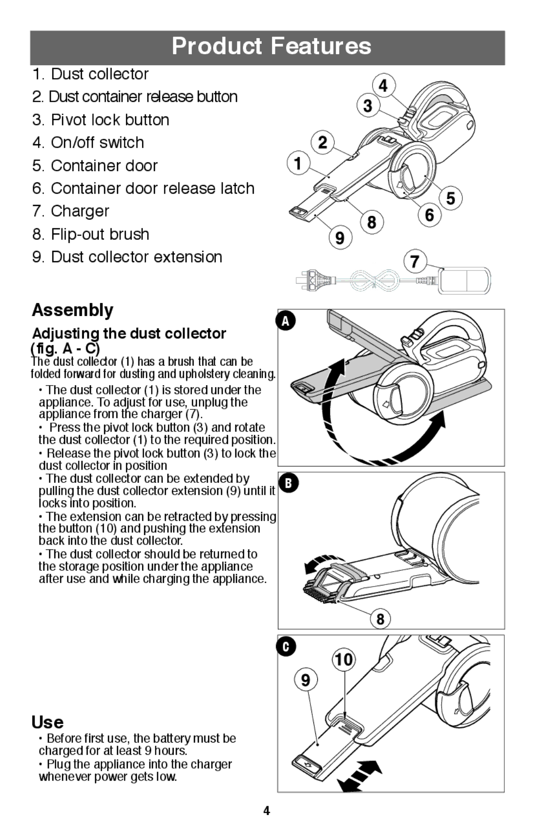 Black & Decker PHV1810 instruction manual Product Features, Adjusting the dust collector fig. a C 