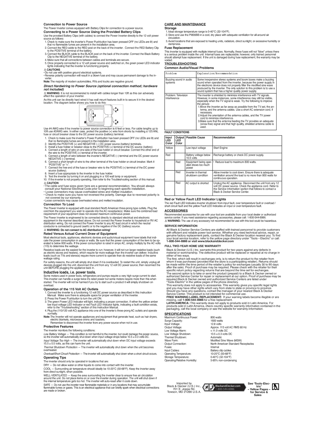 Black & Decker PI800BB operating instructions Care and Maintenance, Troubleshooting, Accessories, Specifications 