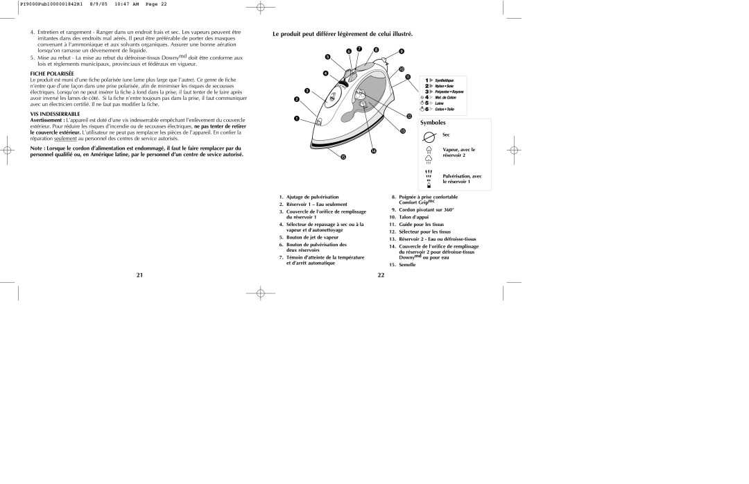 Black & Decker PI9000 manual Fiche Polarisée, VIS Indesserrable 