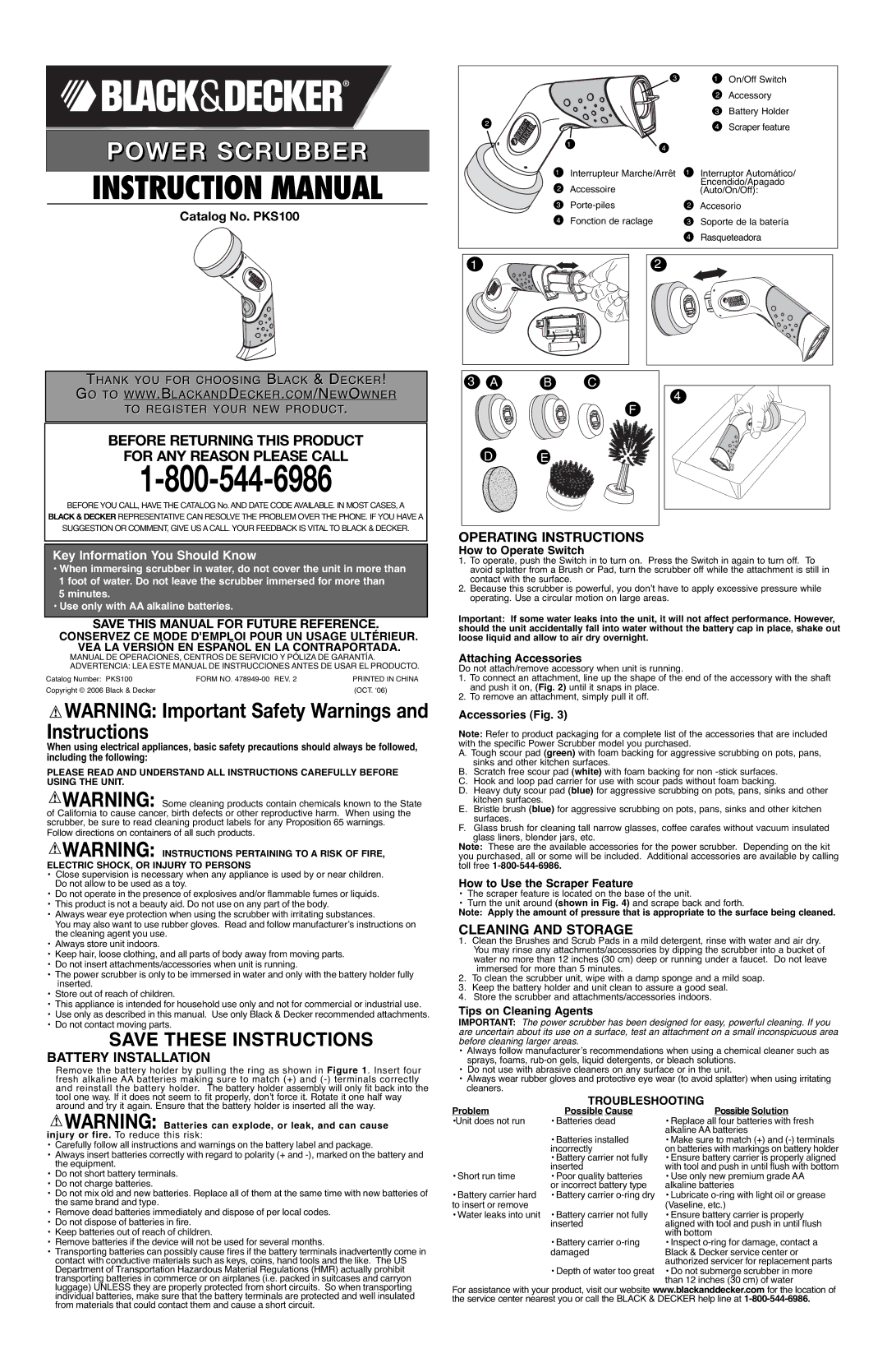 Black & Decker PKS100 instruction manual Battery Installation, Cleaning and Storage 