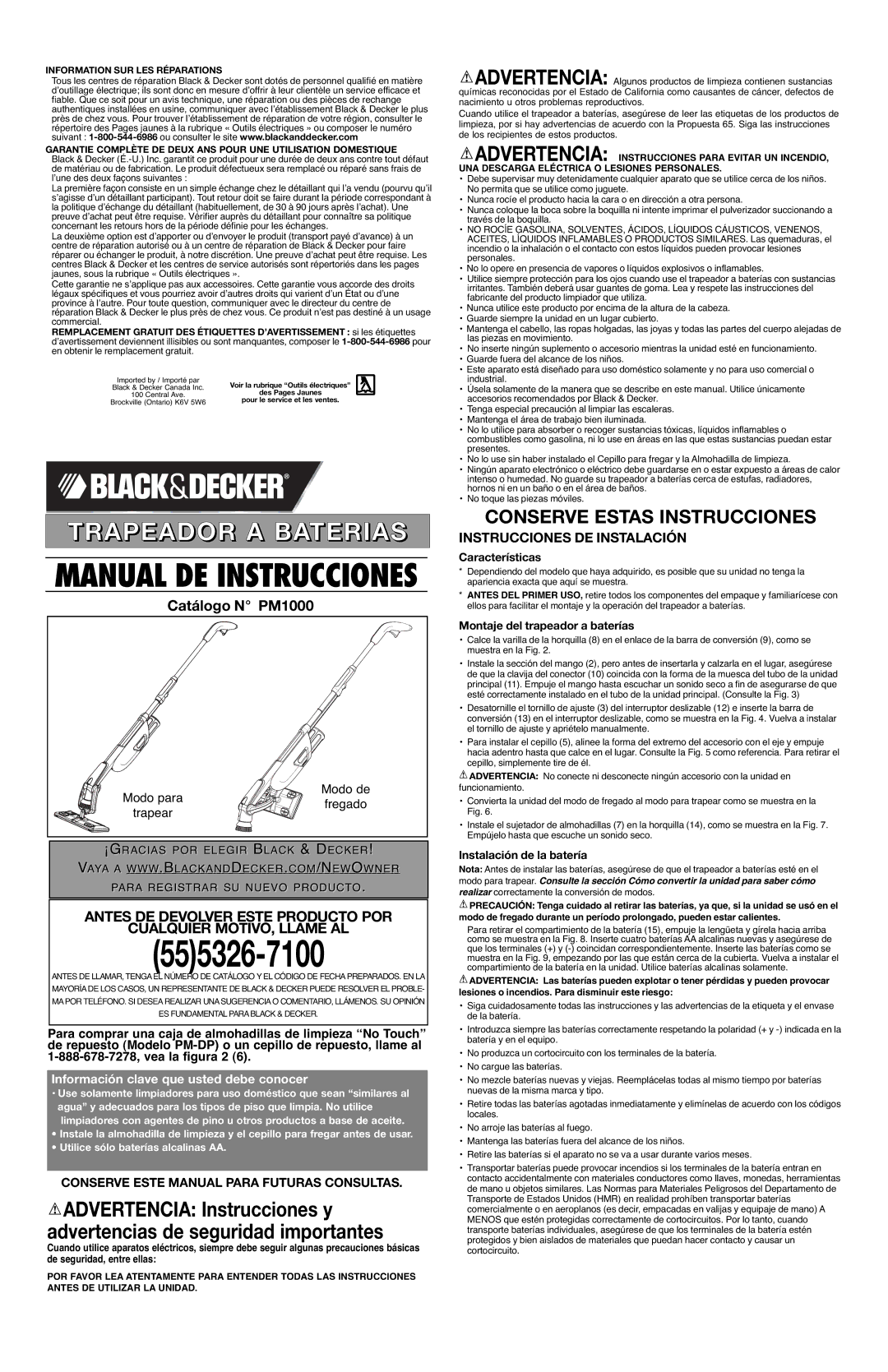 Black & Decker 90503695 Catálogo N PM1000, Instrucciones DE Instalación, Características, Montaje del trapeador a baterías 