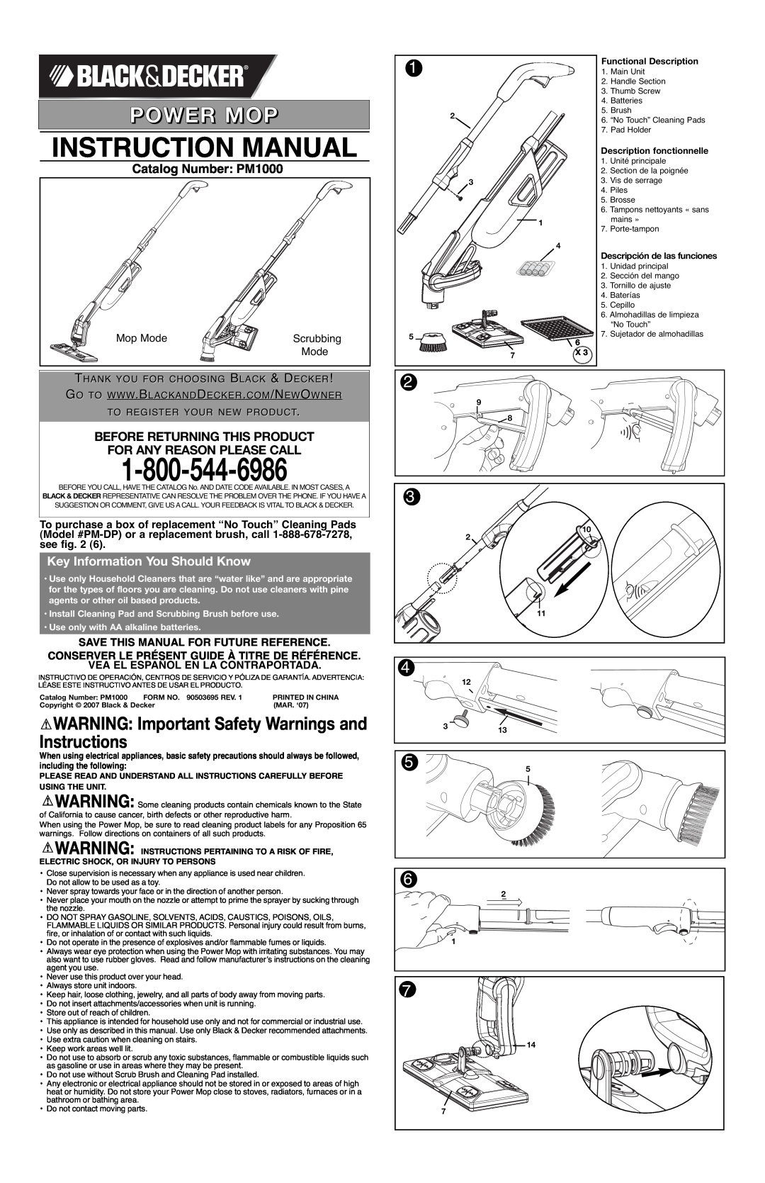 Black & Decker 90503695, PM1000 instruction manual Power Mop, WARNING Important Safety Warnings and Instructions, Mop Mode 