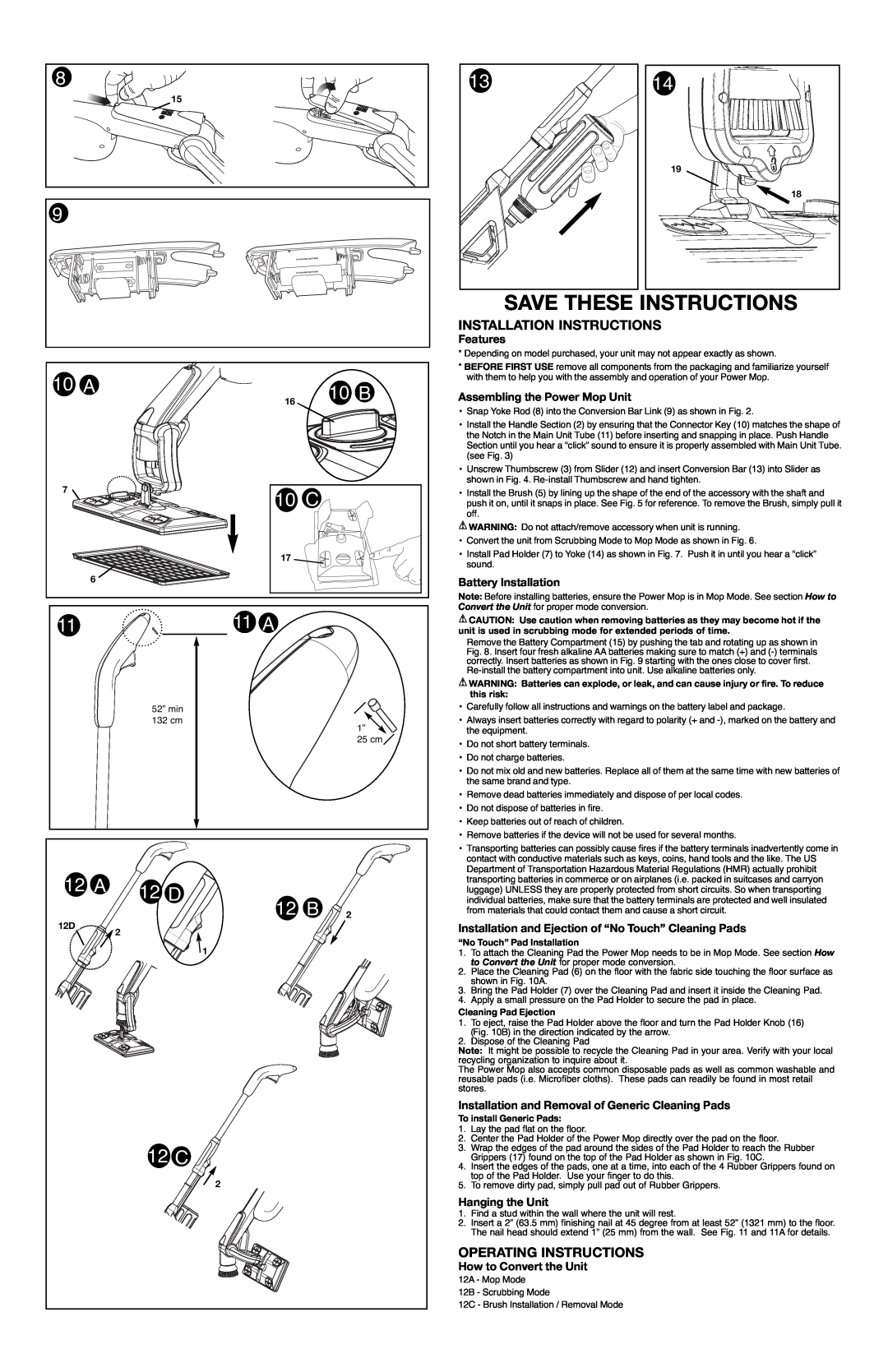 Black & Decker PM1000 Save These Instructions, Installation Instructions, Operating Instructions, 10 A, 10 B, 11 A, 12 A 