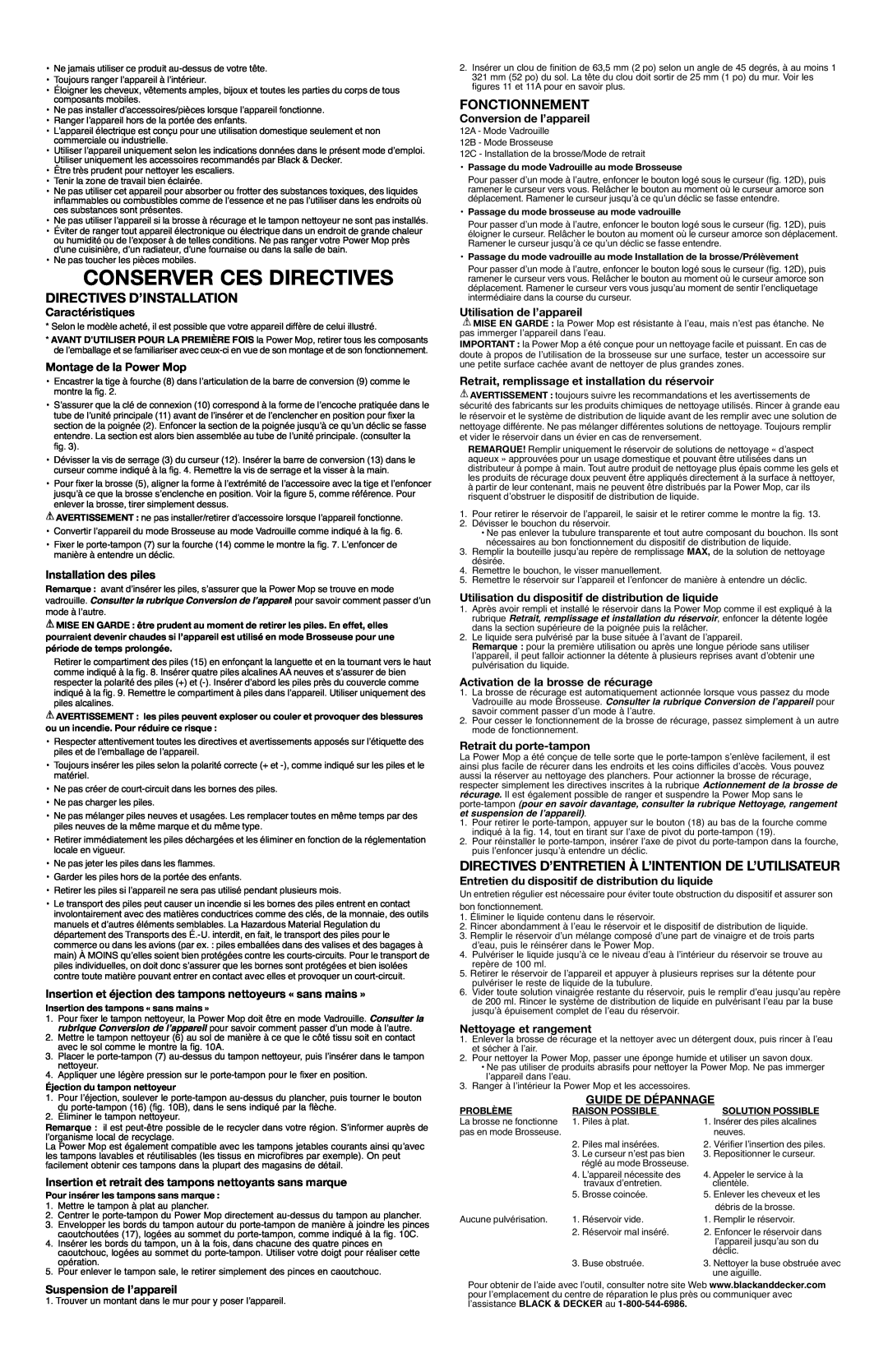 Black & Decker PM1000, 90503695 instruction manual Conserver Ces Directives, Directives D’Installation, Fonctionnement 