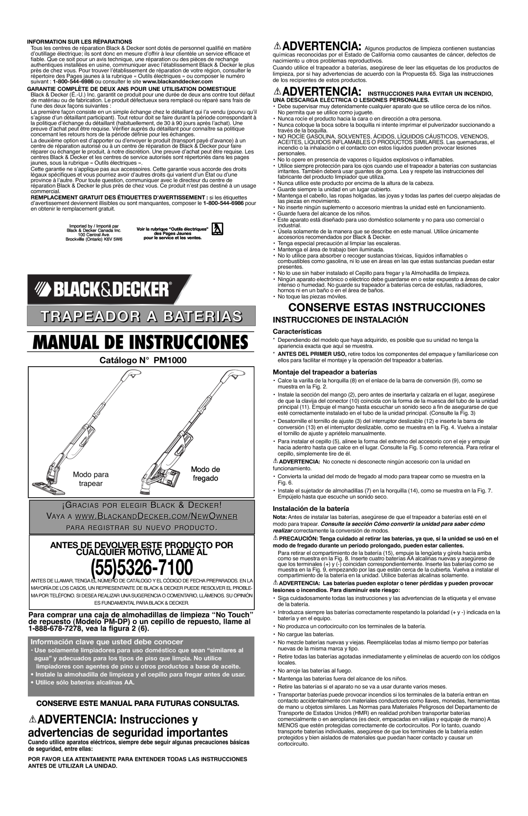 Black & Decker 90503695 Trapeador A Baterias, Catálogo N PM1000, Instrucciones De Instalación, Modo para, Modo de, fregado 