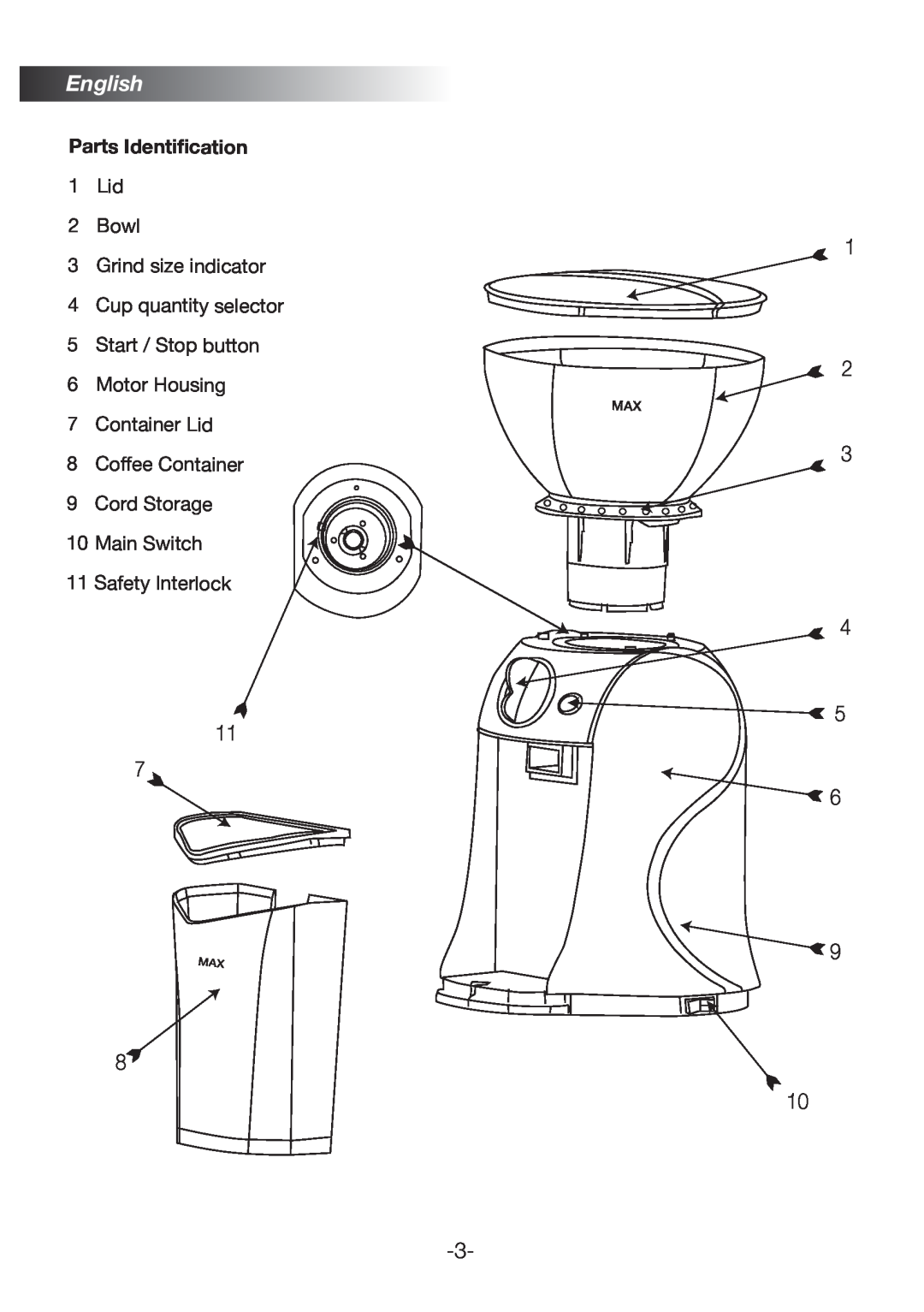 Black & Decker PRCBM5 manual English, Parts Identification, Lid 2 Bowl 3 Grind size indicator 4 Cup quantity selector 